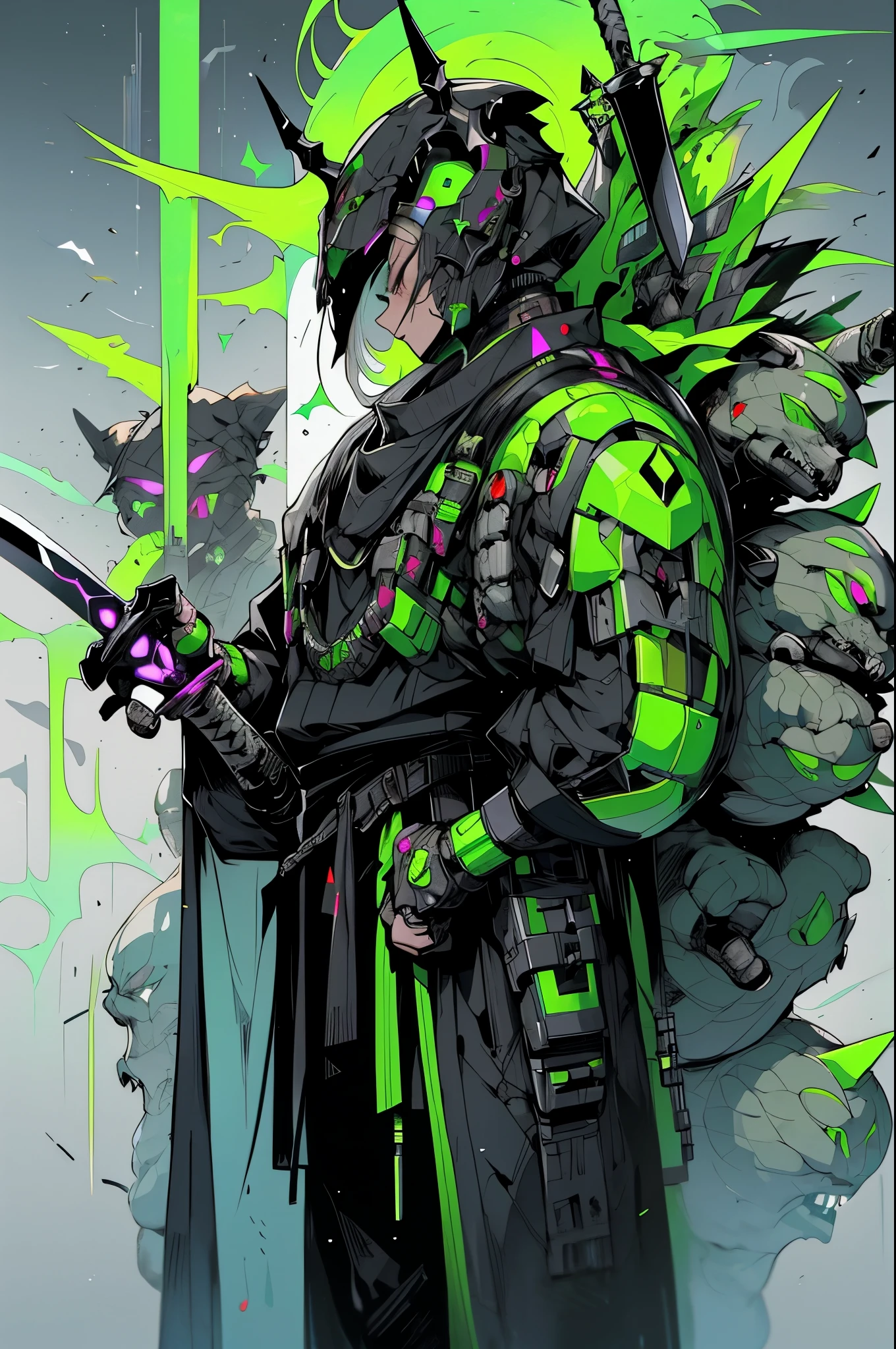 A full front view of a cyborg that is a cyber guard character with a sword on his back with electronics and circuits and wearing a Saudi Shemagh the blends with the colors