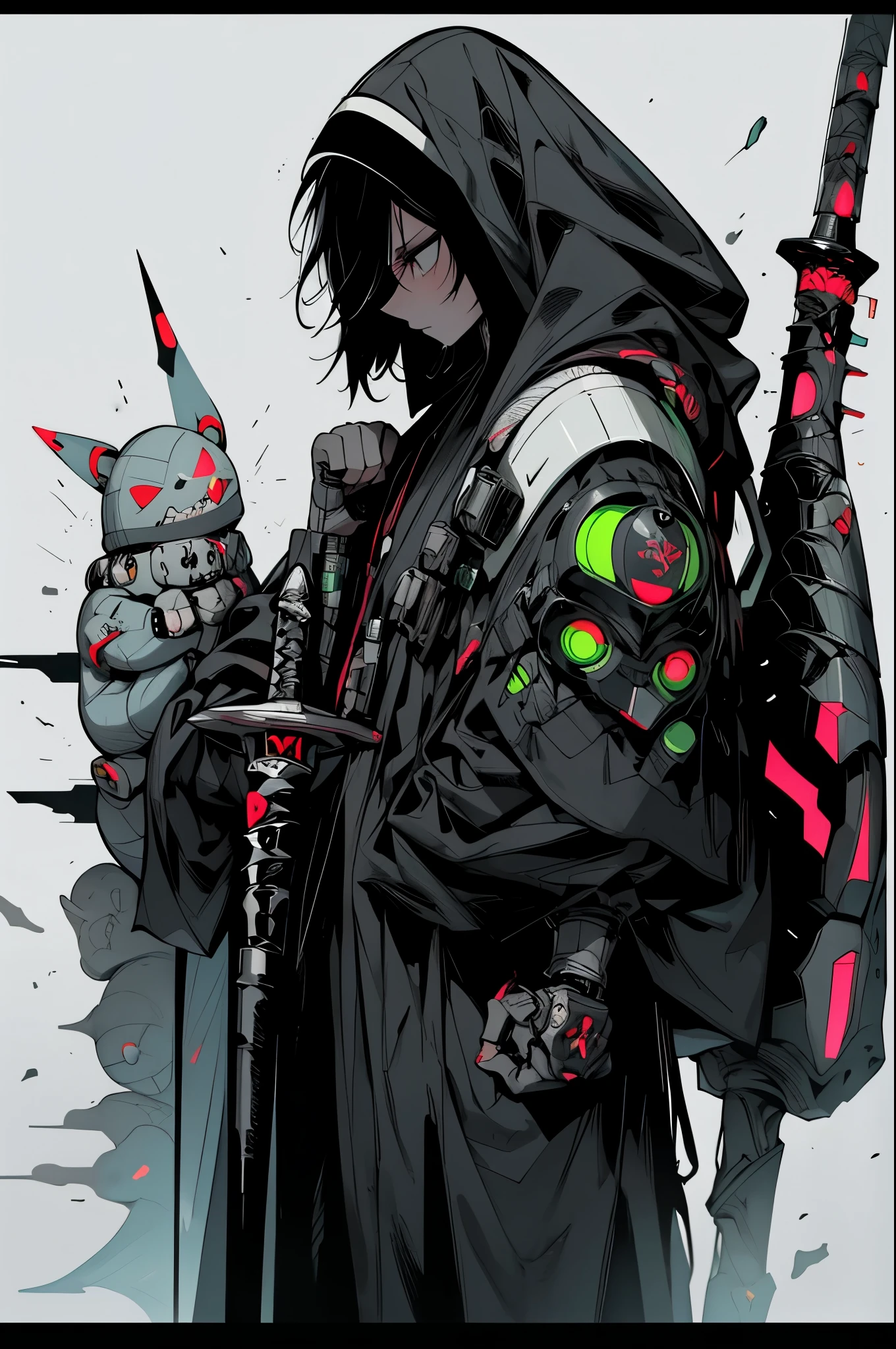 A full front view of a cyborg that is a cyber guard character with a sword on his back with electronics and circuits and wearing a Saudi Shemagh the blends with the colors