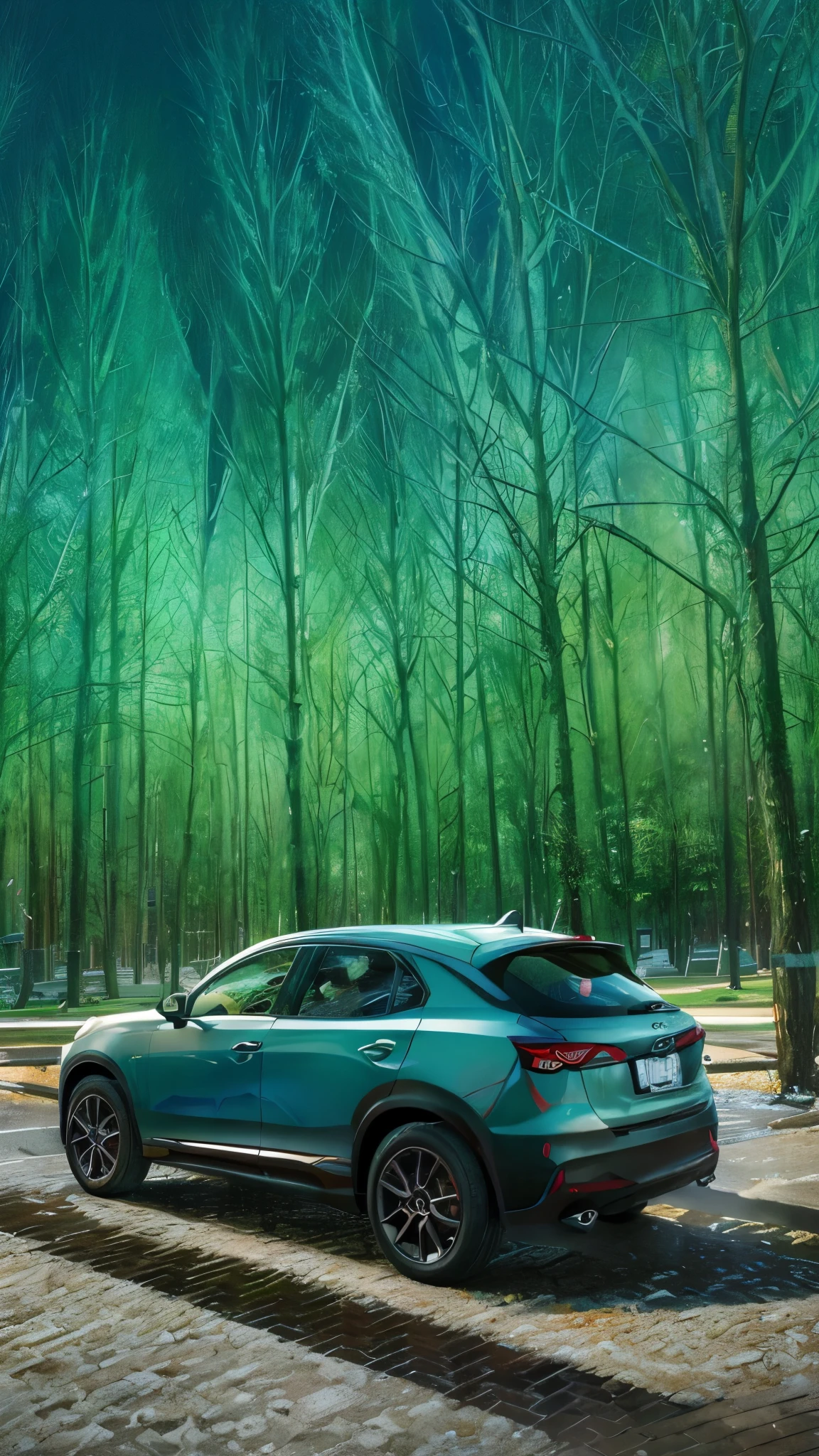 2022 (grey)(Mazda CX-30) (but with) detailed retro-futuristic architecture,ultra-detailed AI Mazda CX-30 exteriors,hot fiery exhaust pipes,massive black tires with white side walls,fast-speed (motion blur), flying drones capturing the race, best quality,high-res 4k,sharp focus,realistic physicased rendering,vibrant colors,bluish-green color tones,intense studio lighting