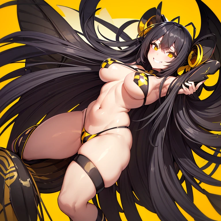 1 girl, long black hair, black eyes with yellow pupils, sharp white teeth,  smile, yellow and black bee pattern skin, yellow and black skin, bee queen, bee girl, monster girl, small transparent bee wings, massive , large , wide , black , curvy body, thick thighs, human face, black antenna, curious look