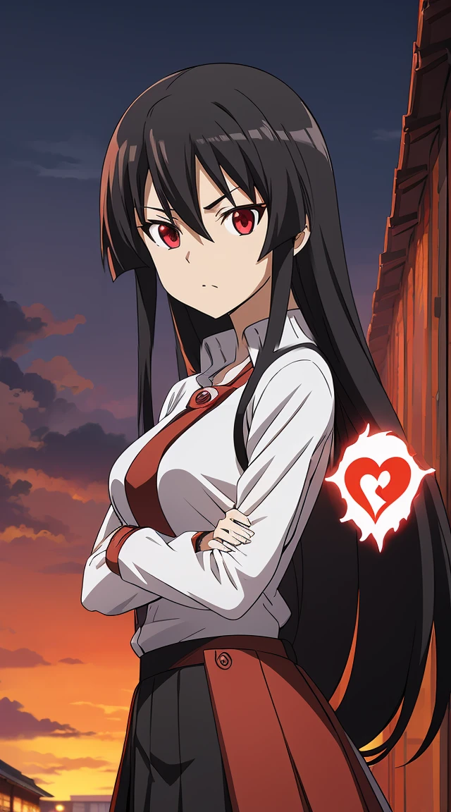 Akame (akame ga kill) anime art style, master piece, best quality,1girl,siting ,very long black hair, perfect face,  expressive eyes, red eyes ,medium breasts ((school uniform Japanese ,White shirt arms short ,black skirt )),red blow, looking at me ,full body, background school