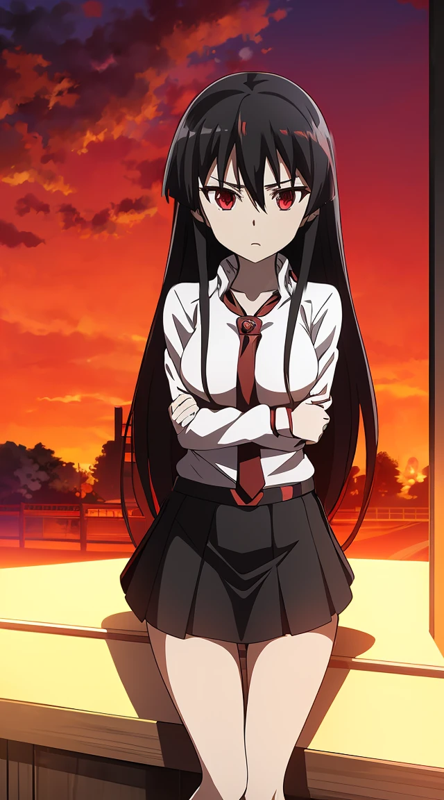 Akame (akame ga kill) anime art style, master piece, best quality,1girl,siting ,very long black hair, perfect face,  expressive eyes, red eyes ,medium breasts ((school uniform Japanese ,White shirt arms short ,black skirt )),red blow, looking at me ,full body, background school