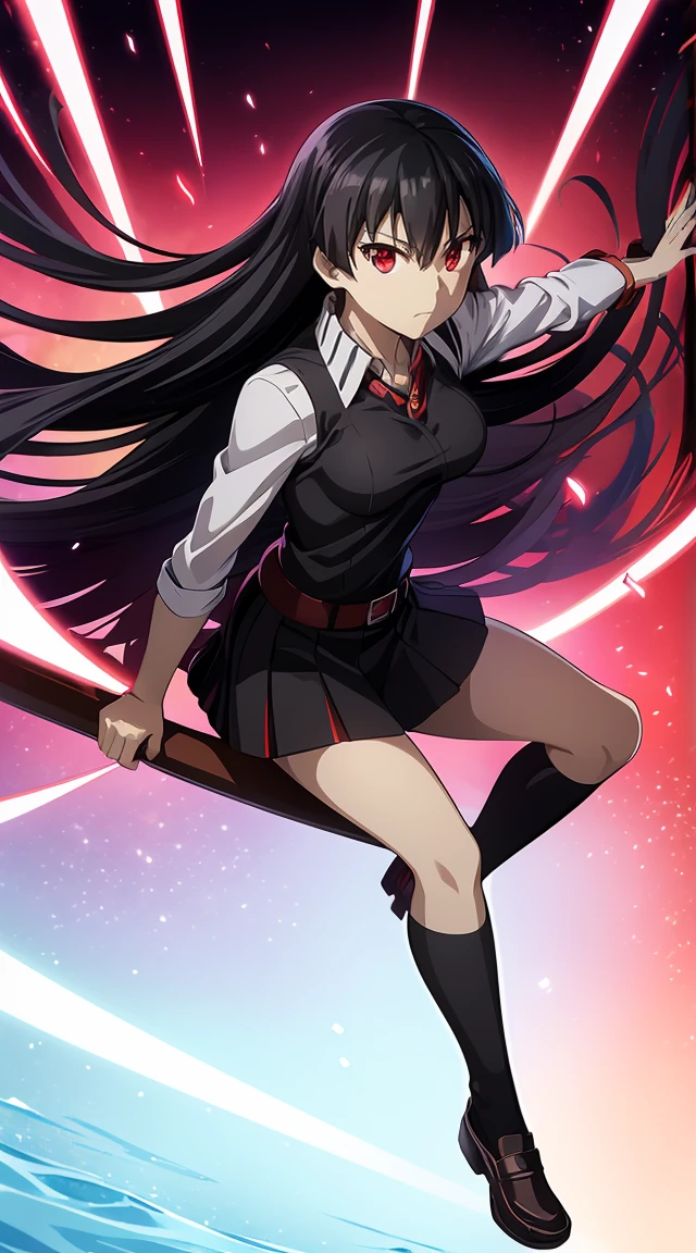 Akame (akame ga kill) anime art style, master piece, best quality,1girl,siting ,very long black hair, perfect face, expressive eyes, red eyes ,medium breasts ((school uniform Japanese ,White shirt arms short ,black skirt )),red blow, looking at me ,full body, background school