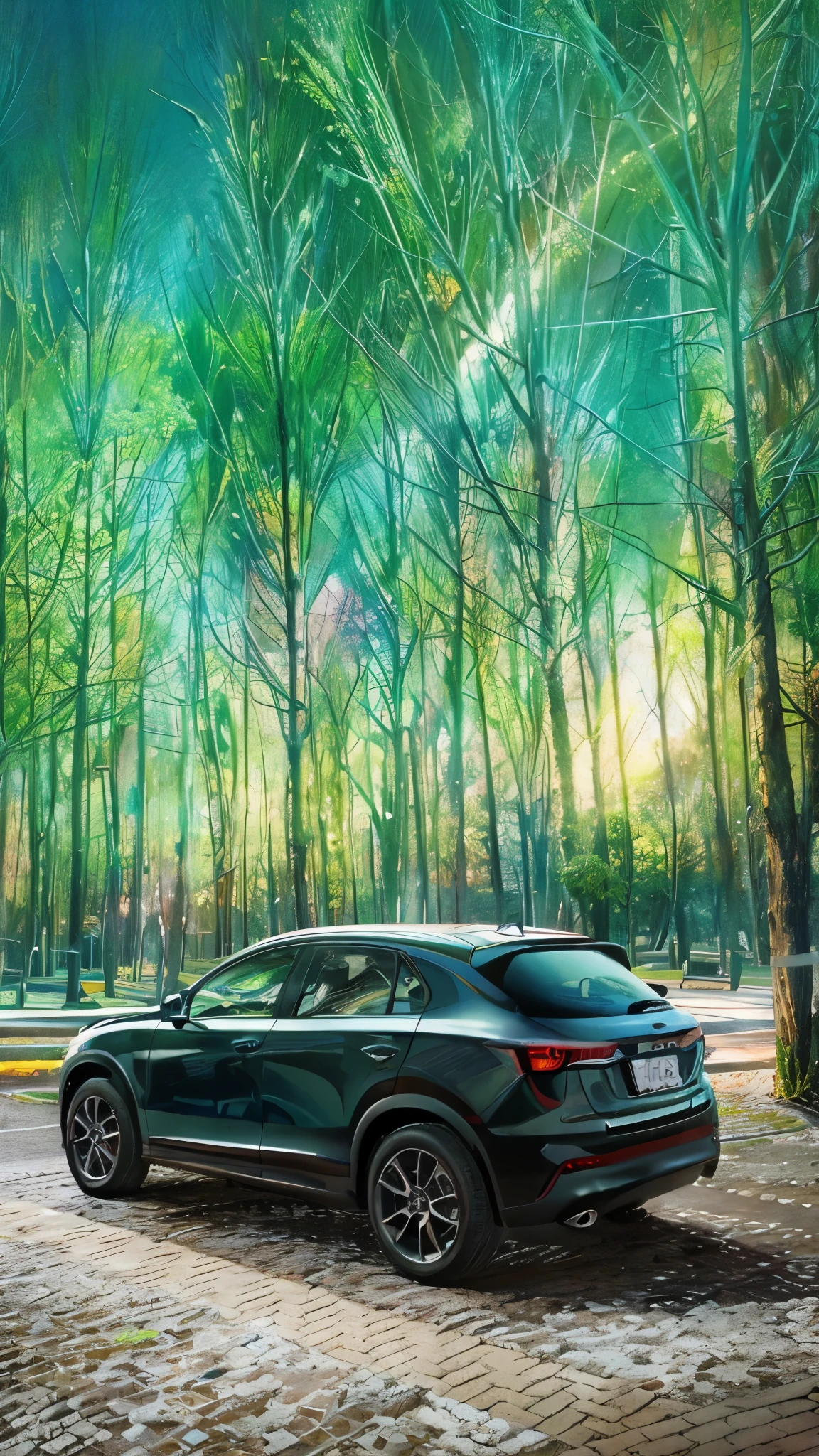 2022 (grey)(Mazda CX-30) (but with) detailed retro-futuristic architecture,ultra-detailed AI Mazda CX-30 exteriors,hot fiery exhaust pipes,massive black tires with white side walls,fast-speed (motion blur), flying drones capturing the race, best quality,high-res 4k,sharp focus,realistic physicased rendering,vibrant colors,bluish-green color tones,intense studio lighting