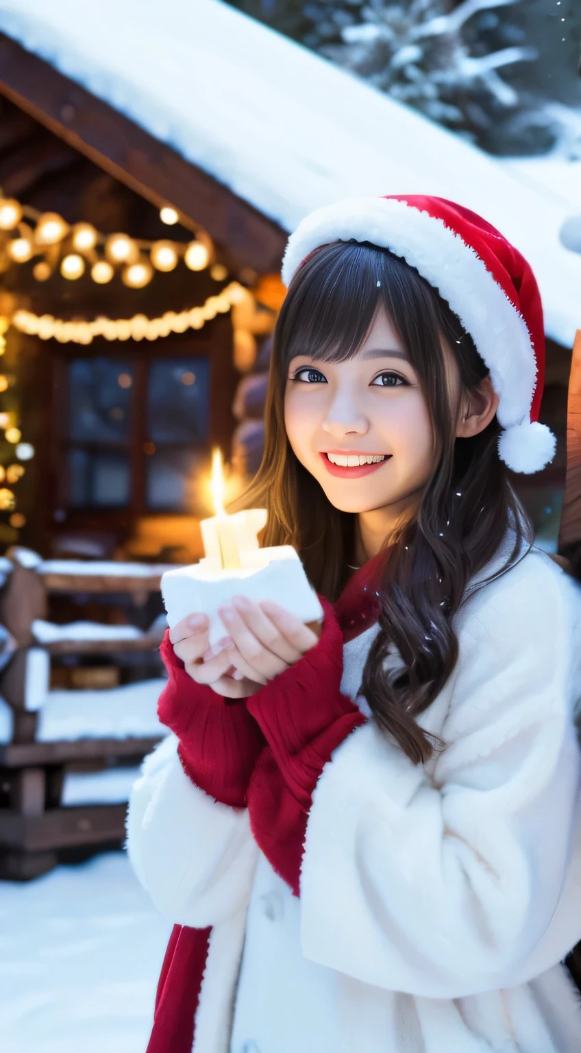 (Best Quality,4K,hight resolution,masutepiece:1.2),Realistic,Christmas,girl,Hugging a big teddy bear,stuffed animal,Wear warm clothes,Snow falling in the background,Winter wonderland,Joyful expression,Magical atmosphere,Soft lighting,Vivid colors,Happiness,laught,Welcoming environment,Warmth,Smiling eyes,Curly hair,Shimmering decoration,Twinkling lights,wrapped present,Rooftop with Santa Claus and reindeer flying in the distance,magic snowflake,オーナメント付きのChristmasツリー,log cabin,curl up near the fireplace,hot chocolate with marshmallows,Peace and quiet,Excitement and anticipation,Snowy landscape,Enchanted moments,遊び心のあるlaught,Upholstered stockings,Holiday spirit,love and togetherness.thighs thighs thighs thighs