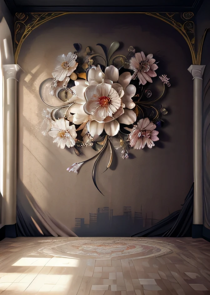 there is a large mural of flowers on the wall of a room, baroque style painting backdrop, stunning arcanum backdrop, floral painted backdrop, soft gradients. baroque period, ornate backdrop, alexey egorov, still life photo of a backdrop, dramatic backgroung, baroque digital painting, dreamy and detailed, intricate wlop