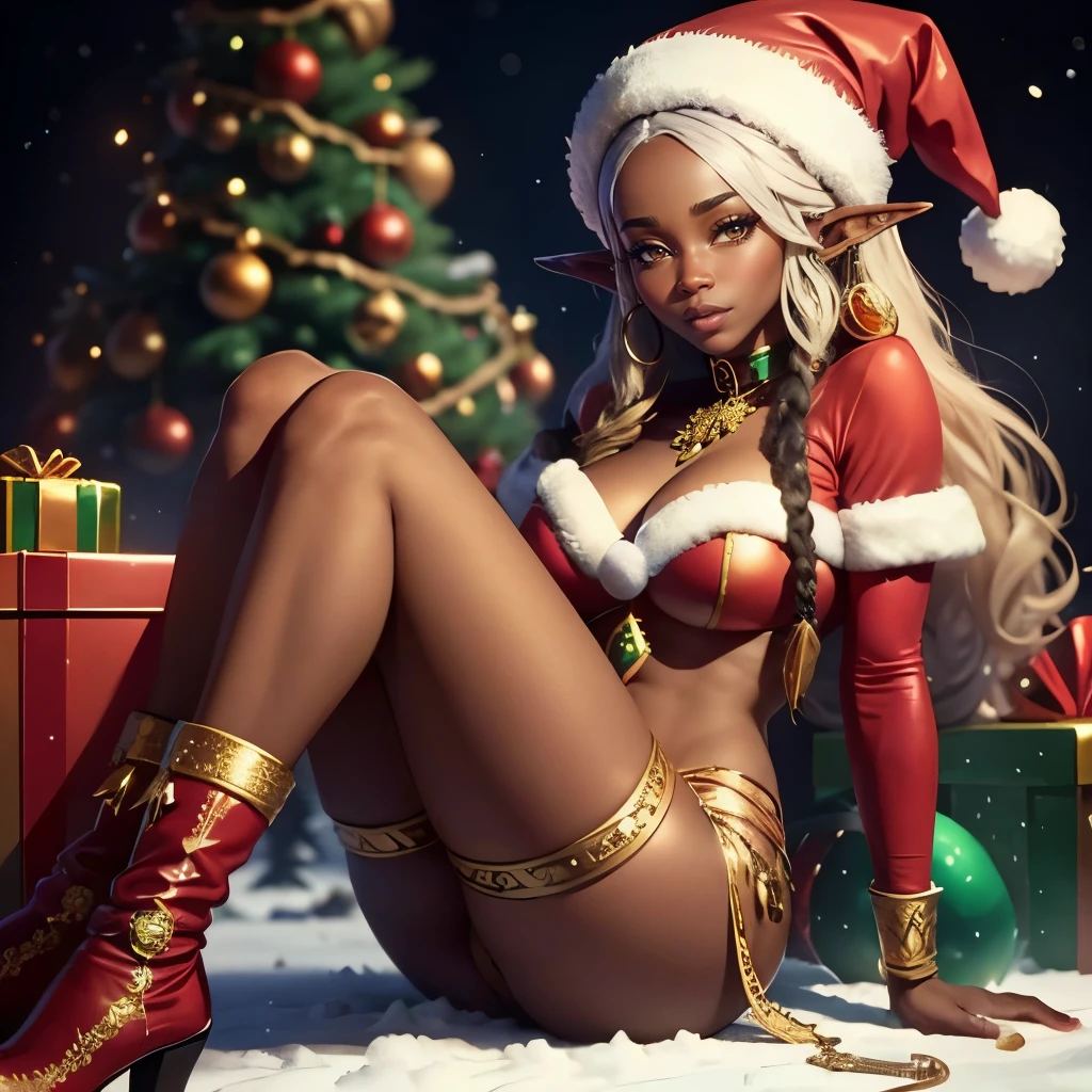 Ebony african Santa's elf, Christmas tree, sexy santa outfit, winking, gold jewelry, Santa's workshop, gifts and toys, snow, (magic), Christmas magic, magic effects