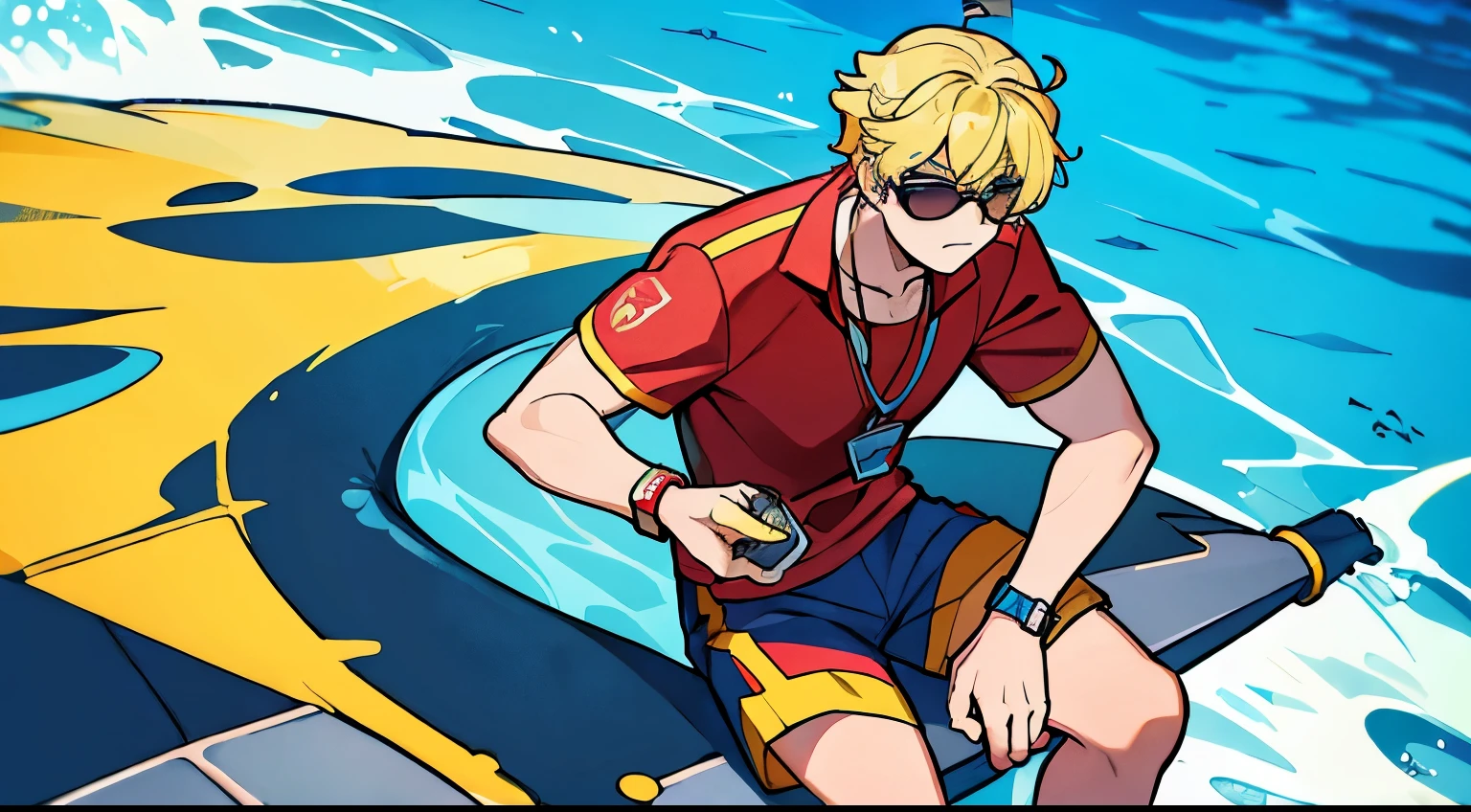 Male looks like a young lifeguard. He wears a shark's tooth necklace, a watch, deep blue swim shirt, red and yellow shorts, a pair of blue flip flops, and flowing blond hair with black sunglasses.