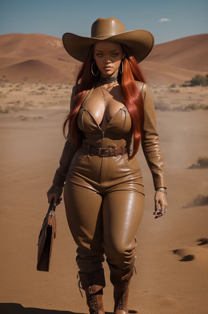 Rihanna Fenty, (((chubby))), natural collor hair, brown skin melanine, old wildwest bang bang full clothes, cowgirl leather hat, background old west bang bang, night, very steam, brown leather clotes, leather whole jumpsuit, earings, acessories, epic composition, perfect hands, perfect composition, perfect fingers, vintage collor lights, handsome face, ((angry face)), in desert, ((((very long red hair)))), long leather boots, dunes, (((dust sand))), walk natural