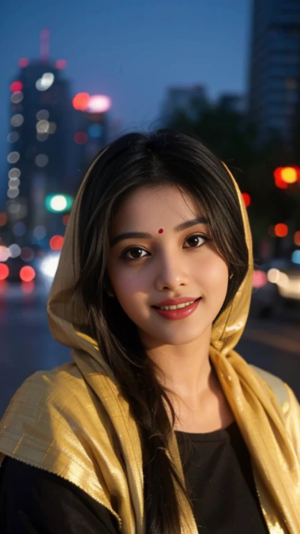 (((desi girl))), her name Abhilasha, chubby face, natural skin, wearing hot deep neck top and dupatta, charming long black hair, ((hair ends are blonde)), city streets background, bokeh, face closeup, smiling, looking at camera, 8k quality, ultra realistic, real, 4k,