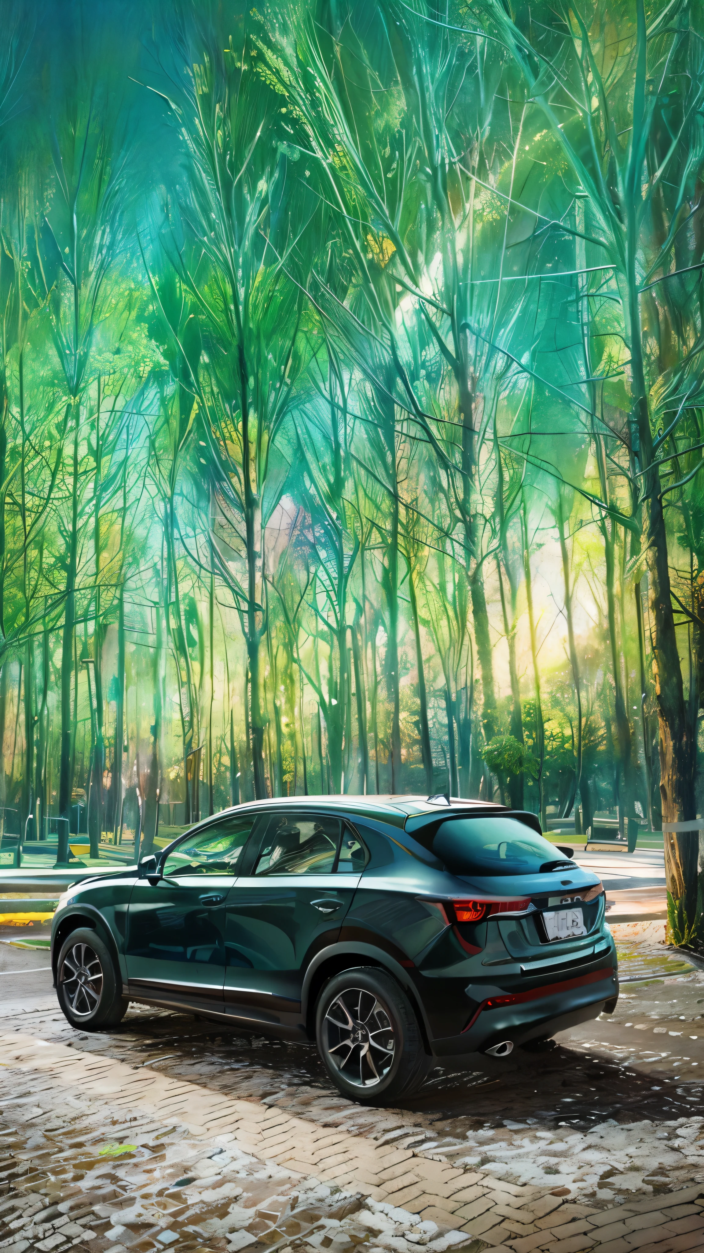 2022 (grey)(Mazda CX-30) (but with) detailed retro-futuristic architecture,ultra-detailed AI Mazda CX-30 exteriors,hot fiery exhaust pipes,massive black tires with white side walls,fast-speed (motion blur), flying drones capturing the race, best quality,high-res 4k,sharp focus,realistic physicased rendering,vibrant colors,bluish-green color tones,intense studio lighting