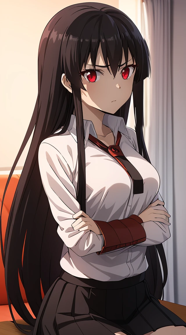 Akame (akame ga kill) anime art style, master piece, best quality,1girl,siting ,very long black hair, perfect face,  expressive eyes, red eyes ,medium breasts ((school uniform Japanese ,White shirt ,arms short ,black skirt )),black tie , looking at me ,full body, background school