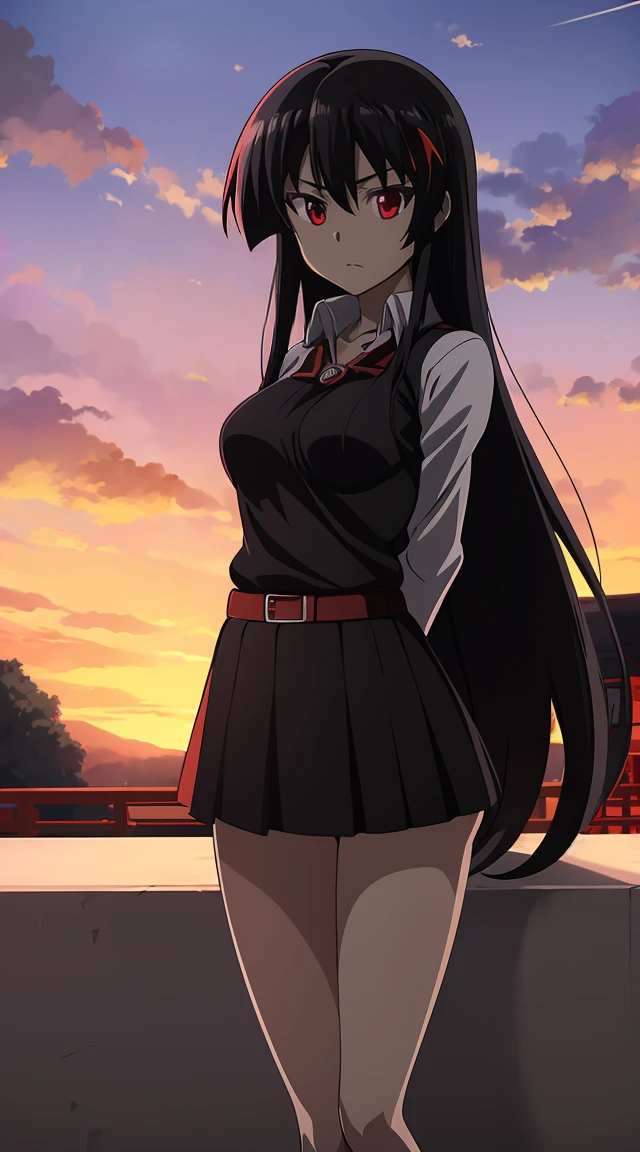 Akame (akame ga kill) anime art style, master piece, best quality,1girl,siting ,very long black hair, perfect face,  expressive eyes, red eyes ,medium breasts ((school uniform Japanese ,White shirt ,arms short ,black skirt )),black tie , looking at me ,full body, background school