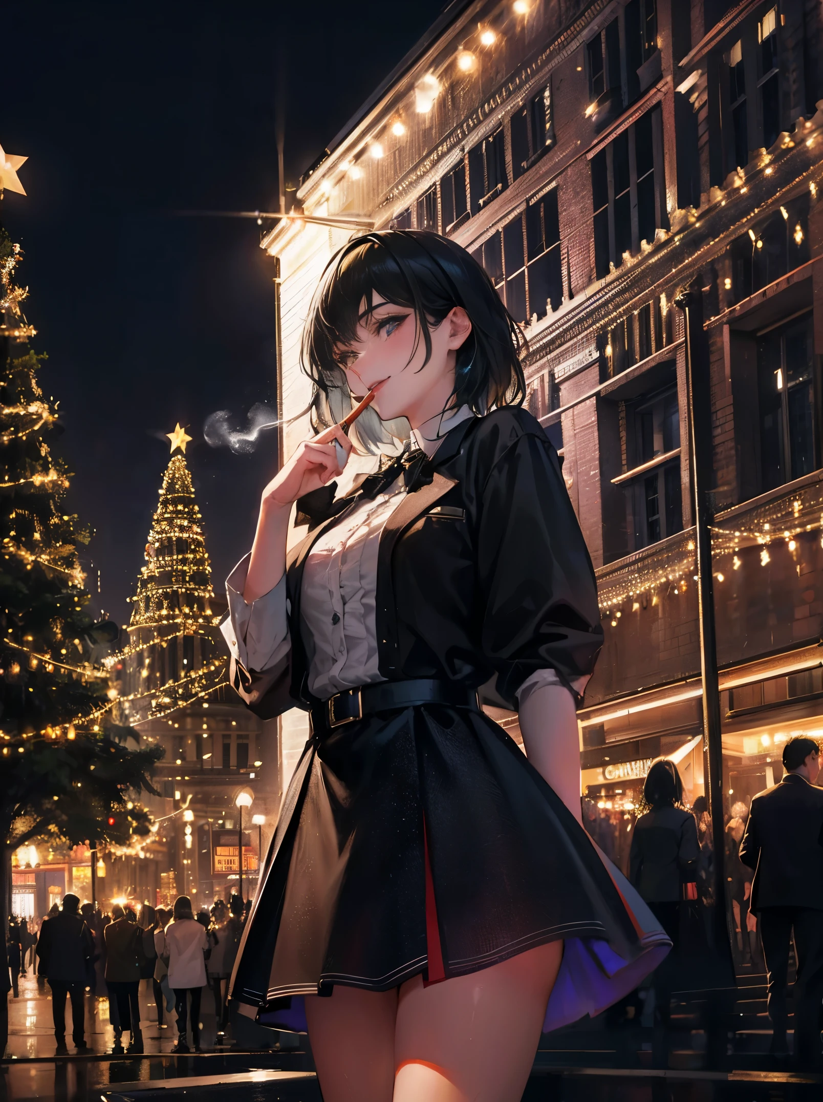 A city with flashy illuminations,Christmas tree,nighttime scene,smoking tobacco,masterpiece, From directly below, nihilistic smile,