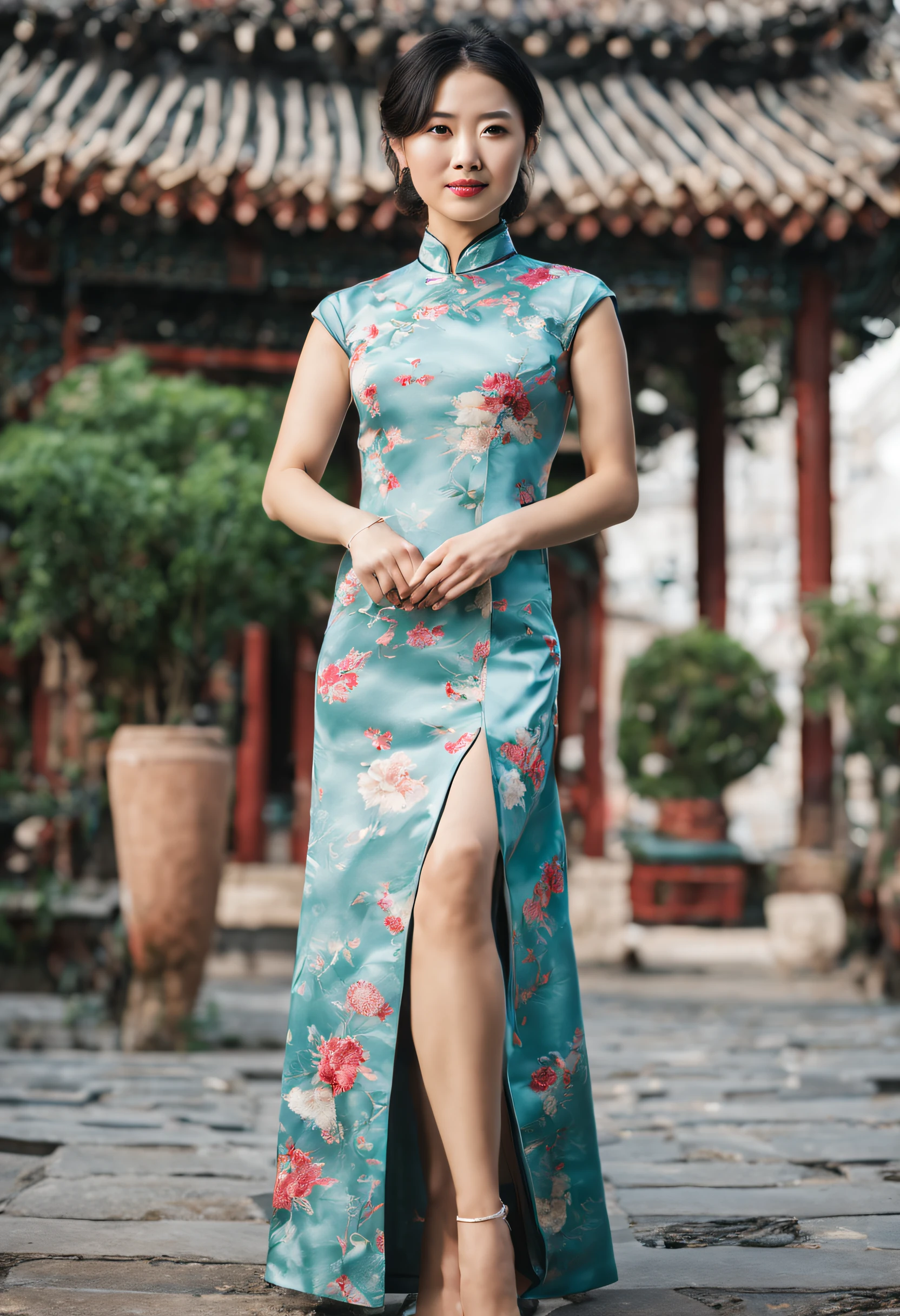 fully body photo,An elegant young Chinese woman wearing a cheongsam stands facing the camera