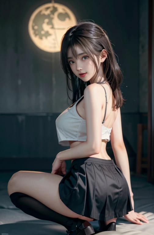 Ultra Real), (illustration), (High resolution), (8K), (Very detailed), (Best Illustration), (Beautiful Detail Eyes), (Best Quality), (Ultra Detailed), (Masterpiece), (Wallpaper), (Detailed Face), ( Black Hair), (Background Description: Complex City Background, Cyberpunk Style, Neon Lights), 1 Girl, White Lace Crop Top Shirt, Super Short Pleated Skirt, Saturated Light, Edge Lighting, Backlight, Movie, Full Body Photo, Elevation Angle Shot