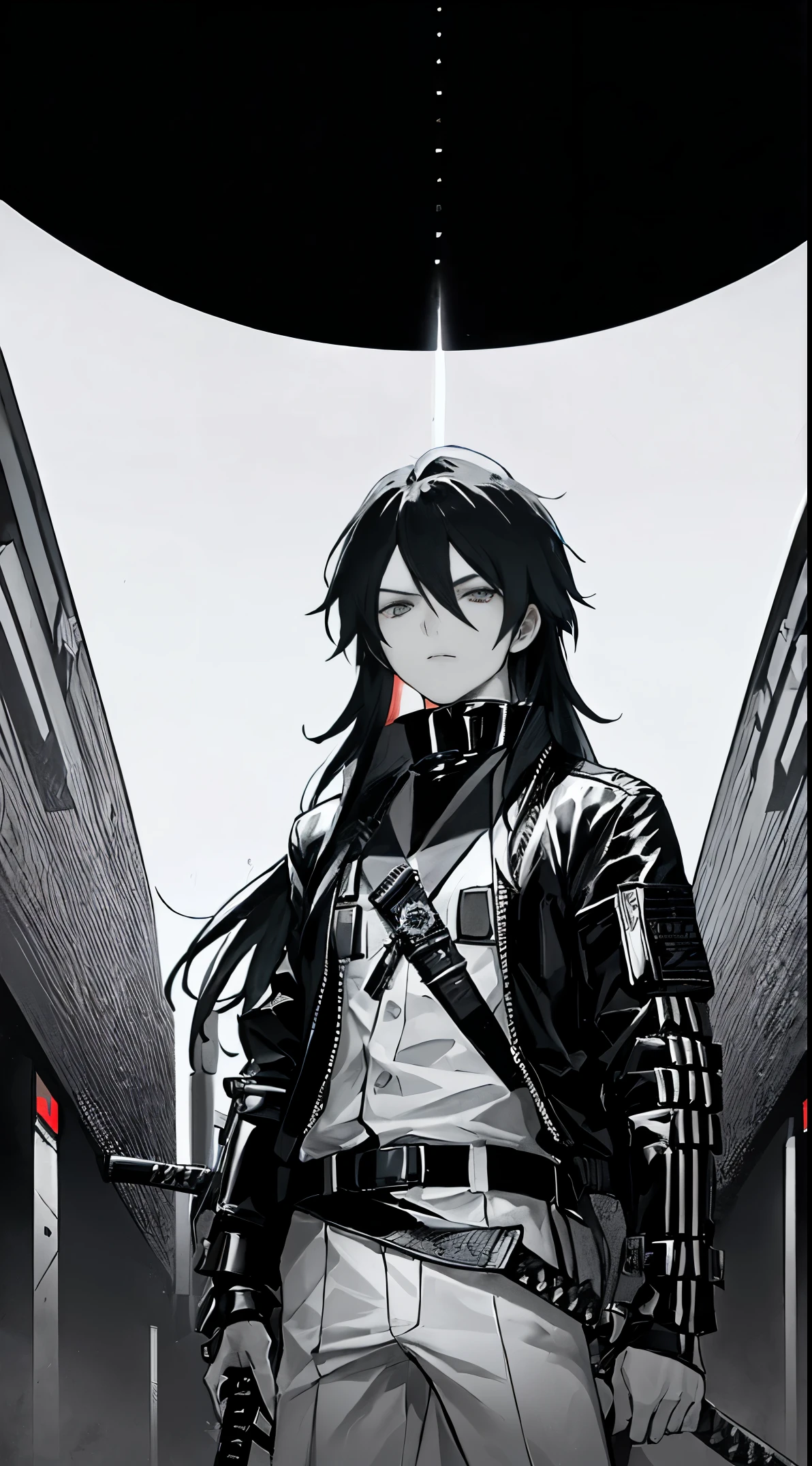 (ultra-detailed, realistic, best quality:1.2), 1boy with long hair wearing samurai hand armor, jacket, and bomber in a modern cybercrime setting. The boy holds a katana in his hand and stands against a void background. The scene is set in a futuristic sci-fi environment with edgy colors and dramatic lighting.