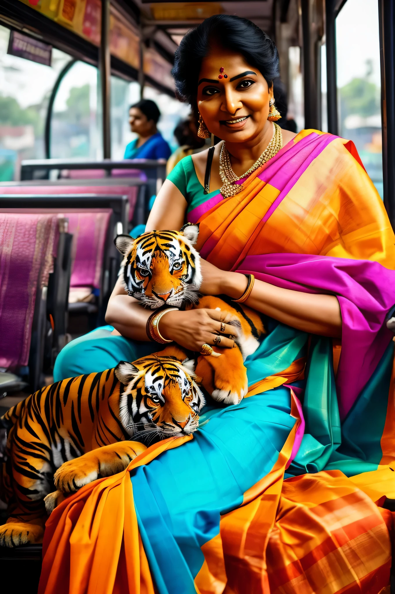 A vibrant Indian lady gracefully drapes a colorful saree while holding her beloved tiger in her lap, as she stands in a bustling public bus.