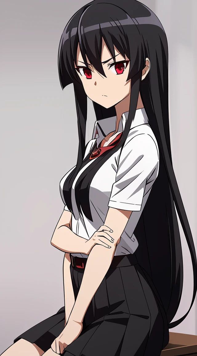 Akame (akame ga kill) anime art style, master piece, best quality,1girl,siting ,very long black hair, perfect face,  expressive eyes, red eyes ,medium breasts ((school uniform Japanese ,White shirt ,arms short ,black skirt )),black tie , looking at me ,full body, background school