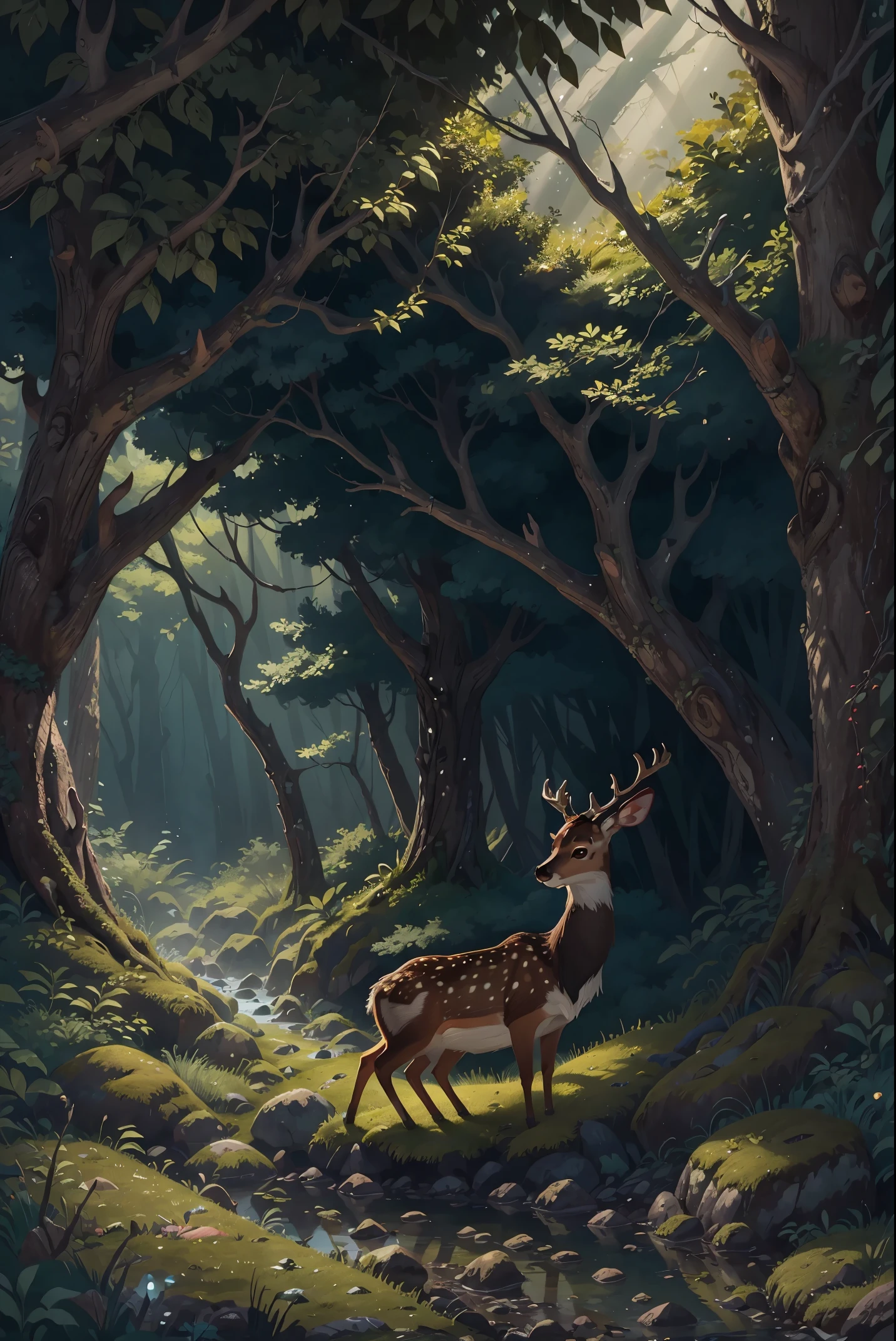 the woods,In the forest,(((1 sika deer))),Intertidal Zone,Fairy tale illustration,(((No Man))),nobody,anyone,