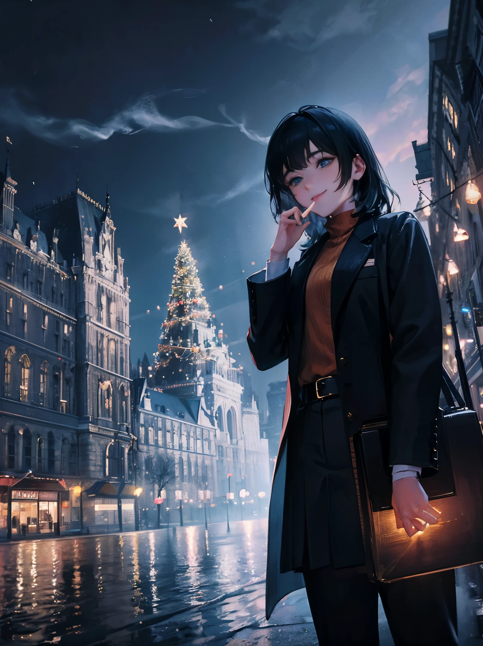 A city with flashy illuminations,Christmas tree,nighttime scene,smoking tobacco,masterpiece, From directly below, nihilistic smile,