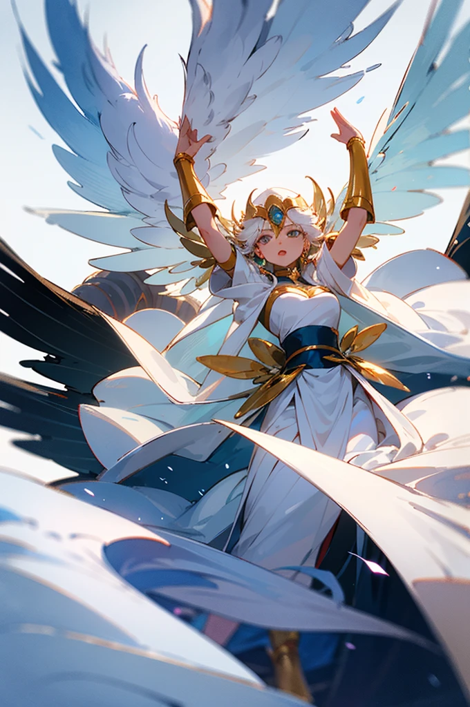 eople,Girl looking up to the other side on the boat,Actress dancing in white cloak,《Saint Seiya》Mr. Mu has huge wings,