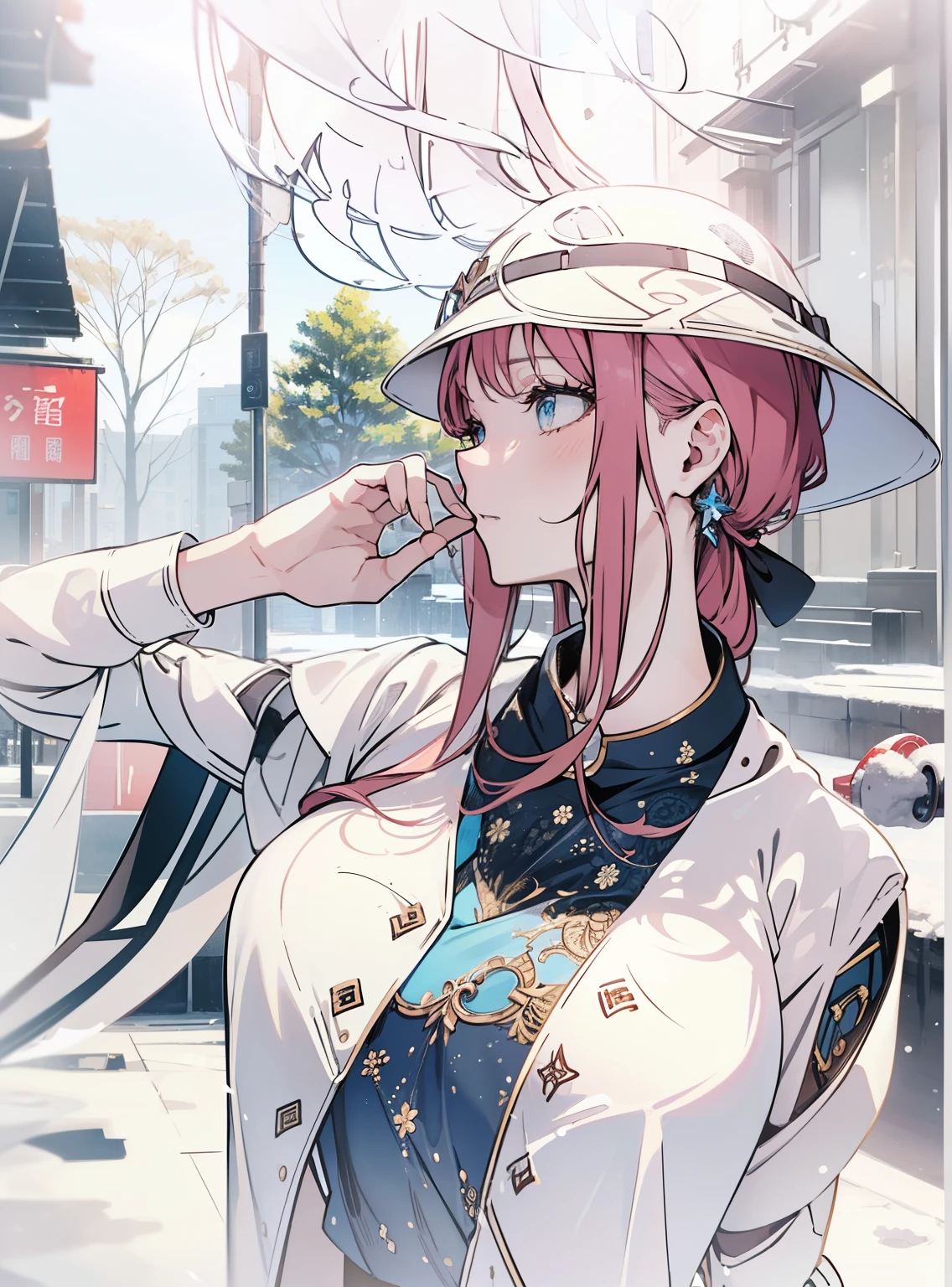 (tmasterpiece, Best quality at best, 超高分辨率), 1 Sister, Eternal, 校服, White office shirt, a black pleated skirt, ((Light brown, Light brown hair:0.7), 把heads发剪长, pale-skinned, ((blue There are eyes)), glowing_There are eyes, neon There are eyes, (ultra detailed There are eyes, beautiful and detail face, detailed There are eyes), ((Located in the center)), ssmile, ((为观众准备的广角镜heads, Line of sight height, (blurry Background with, bright snowy Background with, winter bolts, looking at viewert, ((half closed There are eyes)), ((Perfect hands)), (((heads, arma, Gluteus, elbows, insight))), ((Place your hands behind your back)), empty There are eyes, beautiful light up, External, Outdoor sports, Background with, The theme is clear, 25 age old,