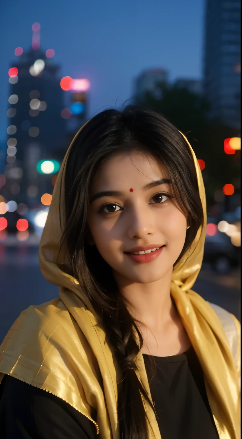 (((desi girl))), her name Abhilasha, chubby face, natural skin, wearing hot deep neck top and dupatta, charming long black hair, ((hair ends are blonde)), city streets background, bokeh, face closeup, smiling, looking at camera, 8k quality, ultra realistic, real, 4k, without bindi