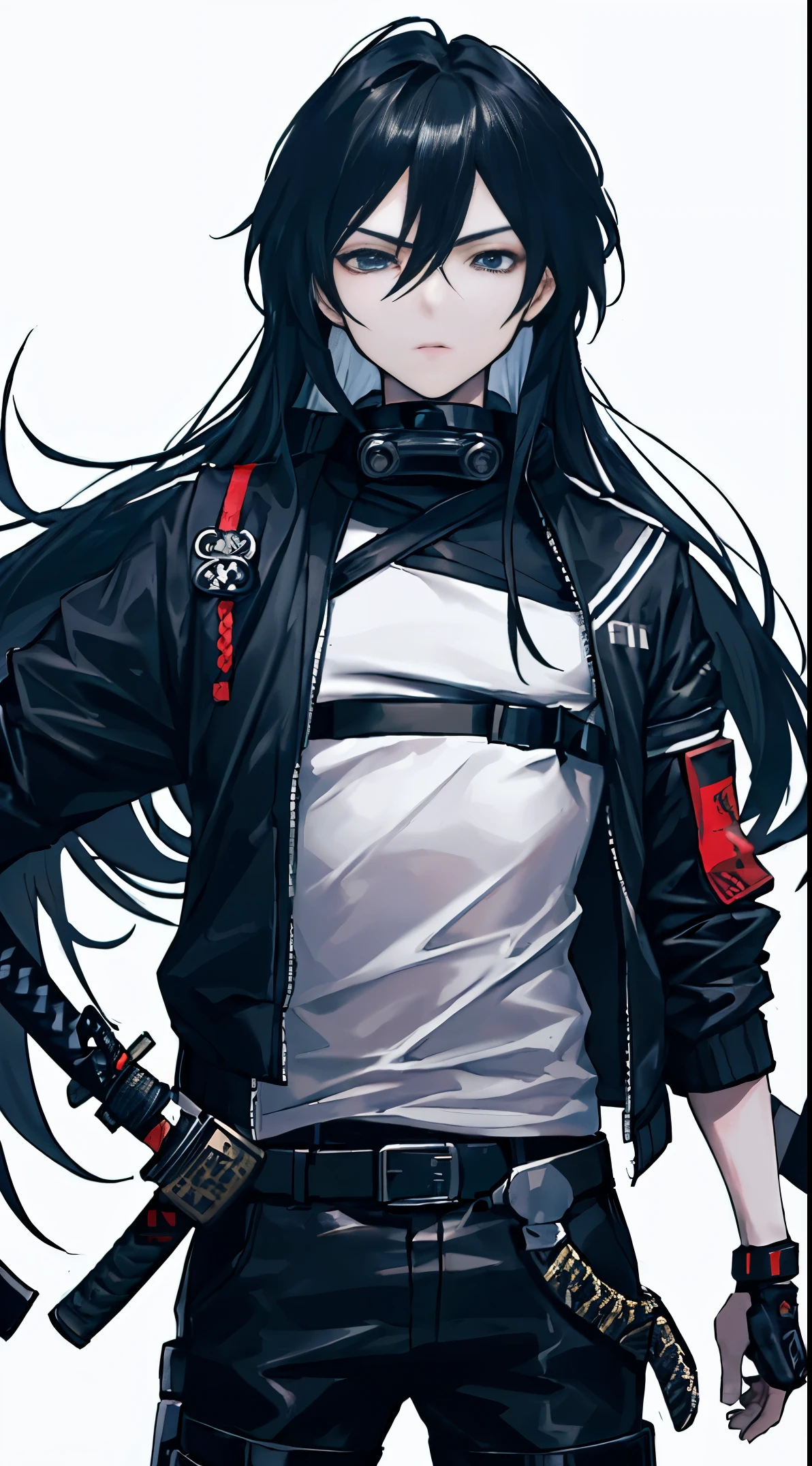 (ultra-detailed, realistic, best quality:1.2), 1boy with long hair wearing samurai hand armor, jacket, and bomber in a modern cybercrime setting. The boy holds a katana in his hand and stands against a void background. The scene is set in a futuristic sci-fi environment with edgy colors and dramatic lighting.