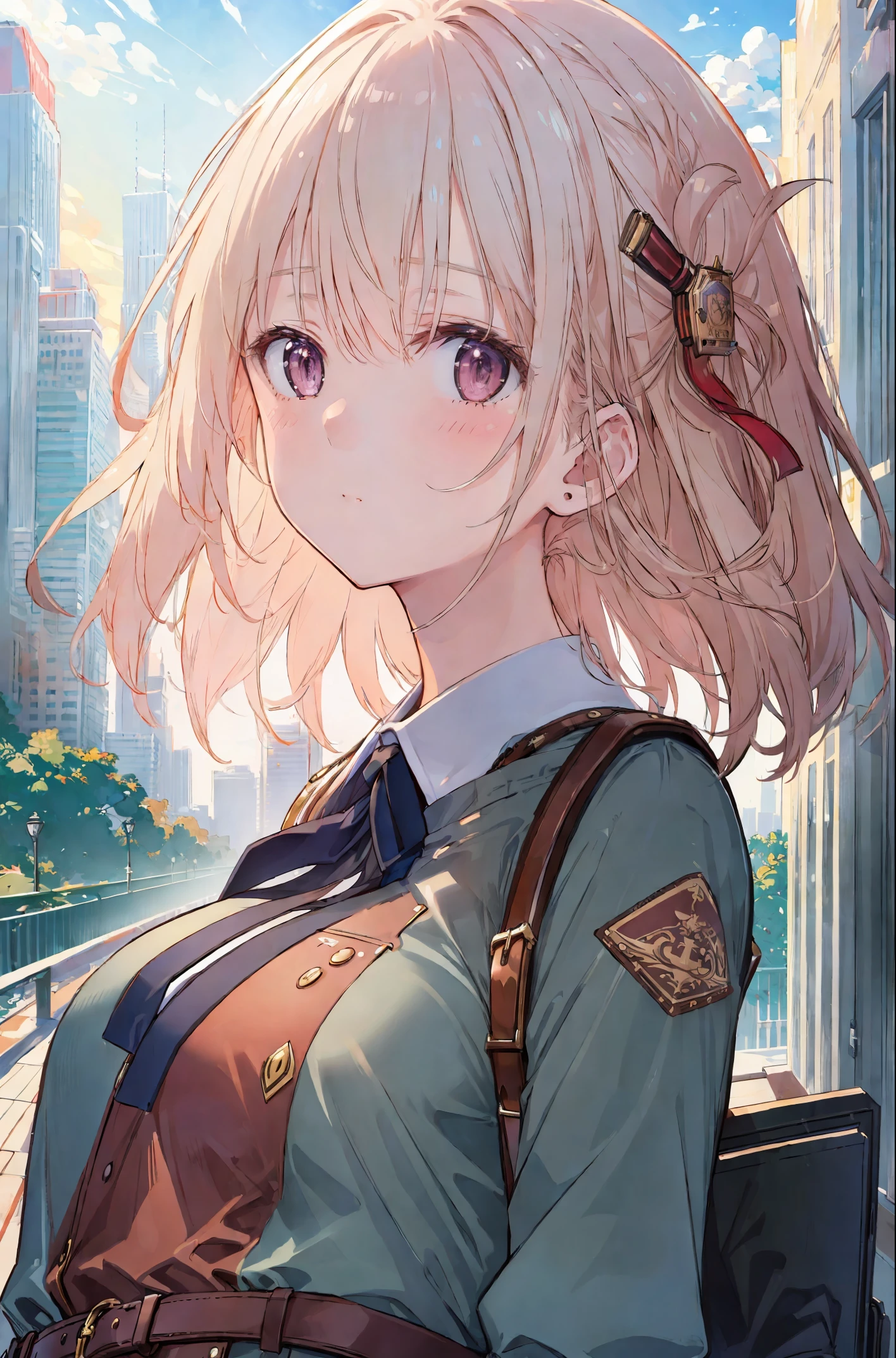 (masterpiece),(best quality), girl,((ultra-detailed)), (highly detailed CG illustration),(expressionless),cityscape, flat color, upper body,
