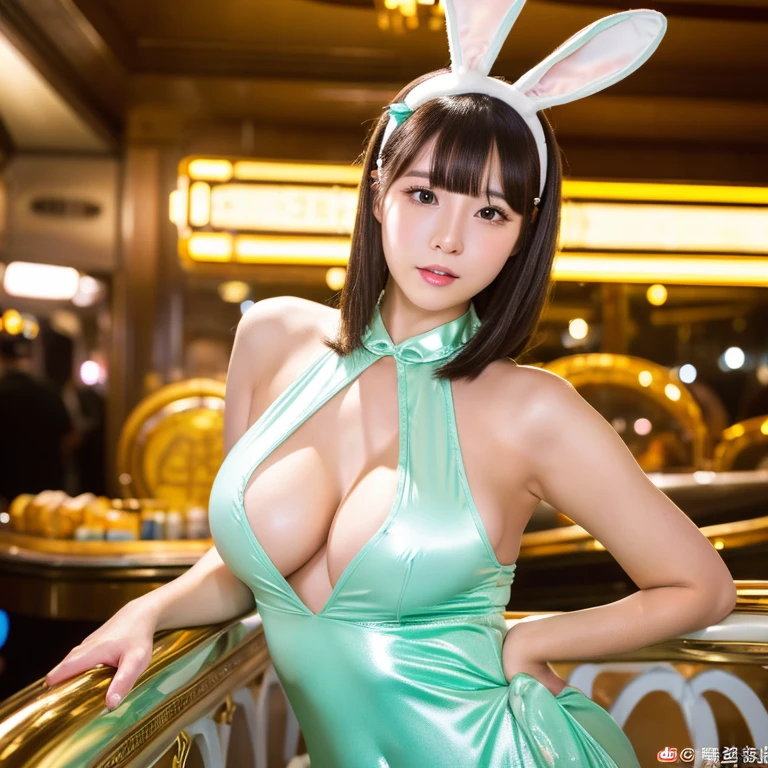 （Oily shiny skin）、（ultra-detailliert）、（Raw photo style）、Hairstyle shortcuts、（oily shiny bunny leotard）、Japan gravure idols、The background is a bustling casino、bunnygirl、huge tit、full bodyesbian