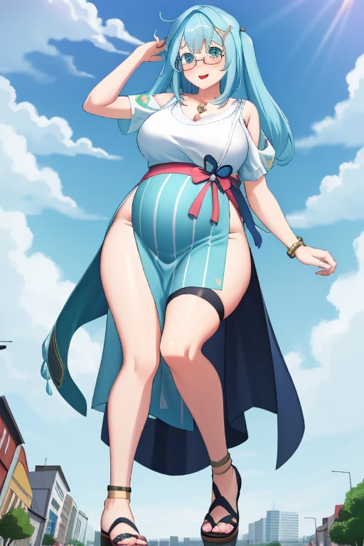 Giant maiden，Moe two-dimensional style，Pregnancy status，Round belly, Huge breasts, Thick thighs, Thicc，Gaze at the bustling city, Lying down, Burp, Burping, Really loud Burp, Glasses, Yukata, Embarrassed, Full body, Masterpiece