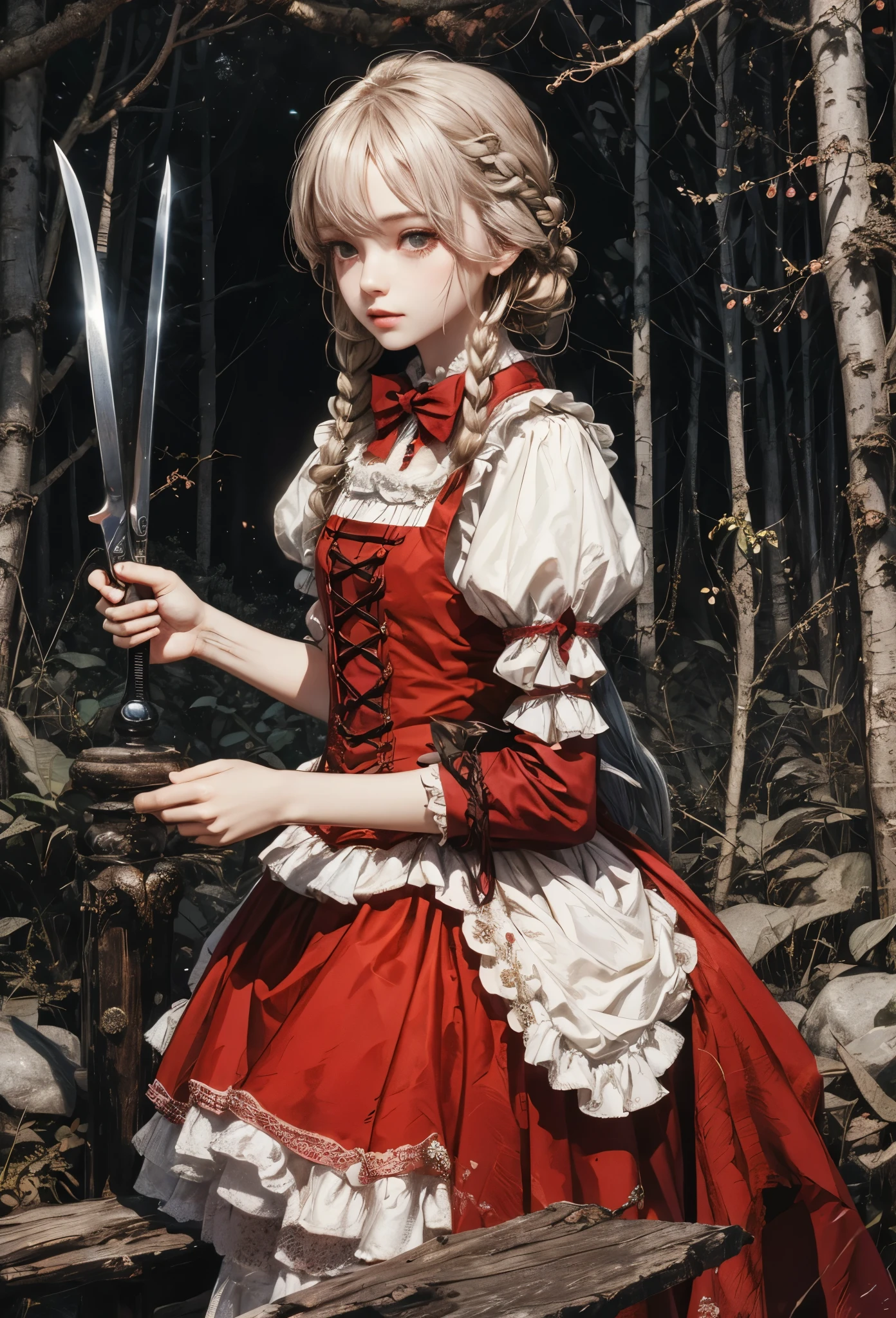 (Detailed illustrations,Very detailed and detailed drawing,Delicate lines with slow and rapid,Realistic texture expression),[Color tressed main line],[deep nordic forest],((irish girl) Beauty 13 years old) [Braided hair] Medium flesh and middle back,((Little Red Riding Hood)Apron Dresses[(frilld) bow ribbon]) [Meat cleaver],gravure[[bizarre atmosphere]Gothic horror],(Fine and beautiful skin expression [Transparency]),[完璧な目のdetaileds (Iris beautifully drawn in every detail)[Jewel-like eyes]],[long and beautiful eyelashes],[Meticulously drawn hair [美しく艷やかな髪のdetaileds]],(完璧な手のdetaileds [Beautiful fingers without breakdowns [Beautiful nails]]),(Perfect Anatomy(Perfectly proportioned))[[Full body like]],[Ideal color coordination(Accurate simulation of light-material interactions)],([Precision Detail](detaileds,high-detail)),[[Pale and gentle colors]][Visual art that conveys a sense of narrative] [[Eros in the Natural Body]].