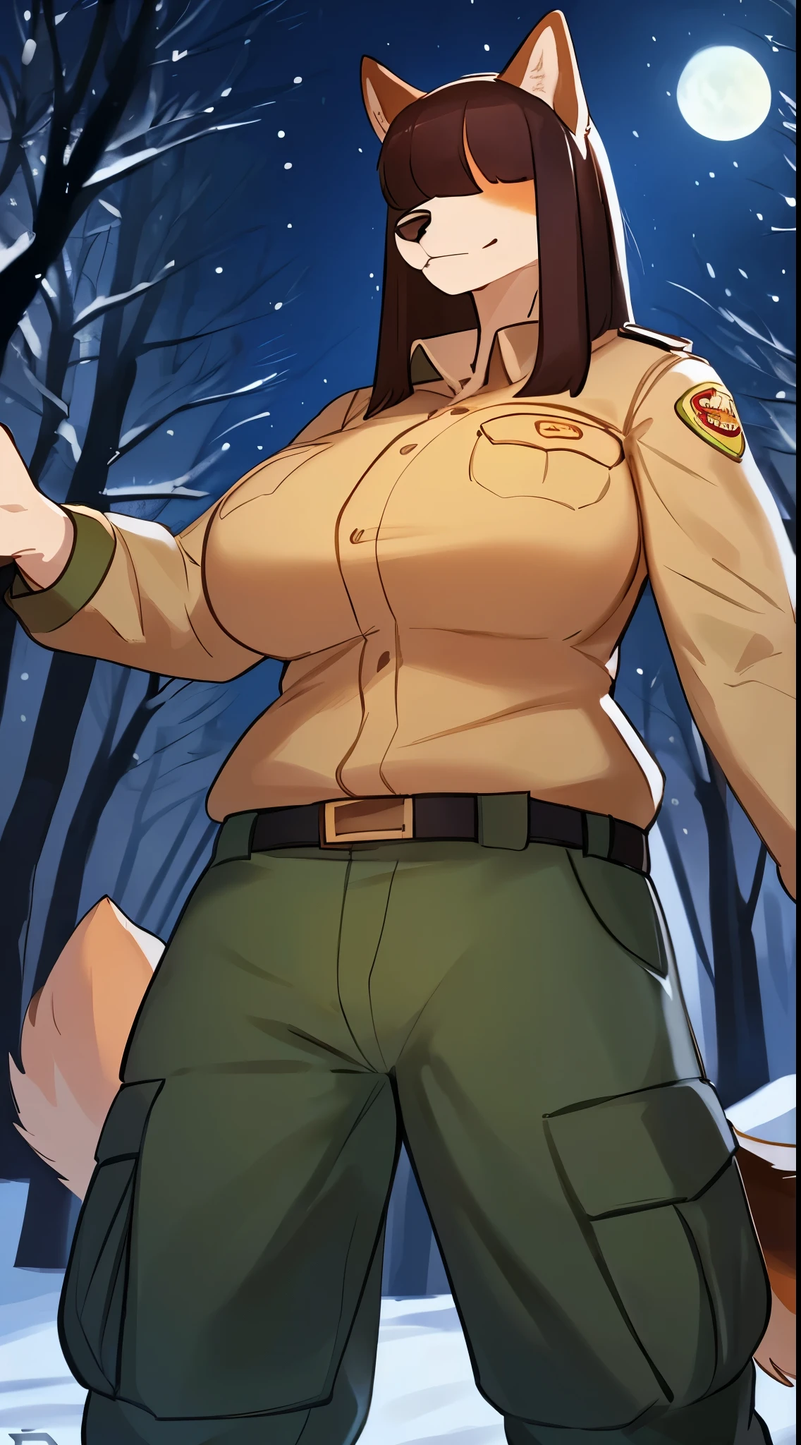 By bebebebebe, by lostgoose, by goonie-san, female, ((canine, snout, hair covering eyes, straight hair, medium hair, flat hair, ears, thin snout)), brown fur, big poofy tail, raised tail, dark maroon hair, (muscular, big breasts), solo, stern expression, standing, (park ranger uniform, tan uniform, green cargo pants), forest, ((grabbing viewer, reaching out towards viewer)), snow, snowing, night time, moon,