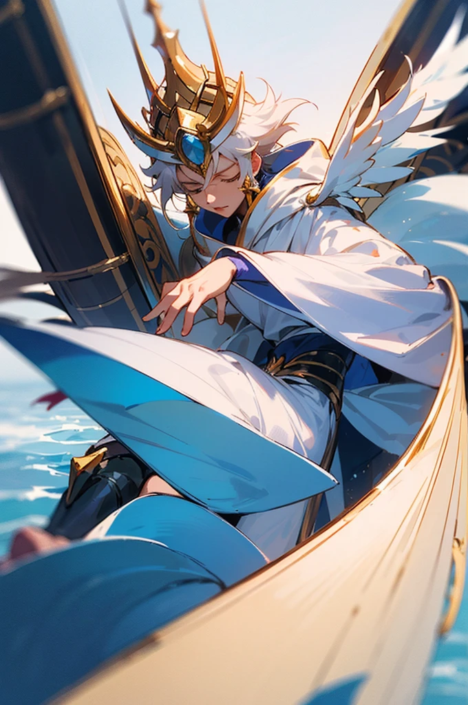 (eople:1.5)The child is on the boat looking up to the other side,Actress dancing in white cloak,《Saint Seiya》Mr. Mu has huge wings,