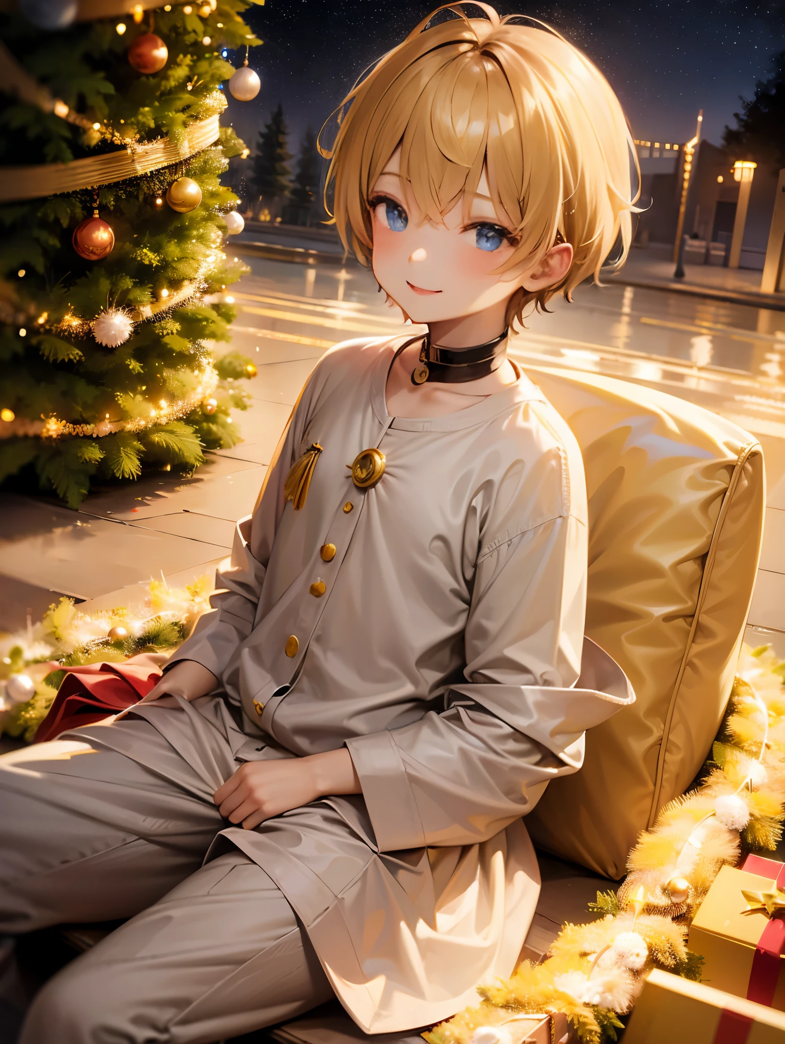 ,Longhaire, Background with(In the street)flashy illumination,Huge Christmas tree with flashy lights, Nude posture,It's cool, masterpiece, from side, a smile,