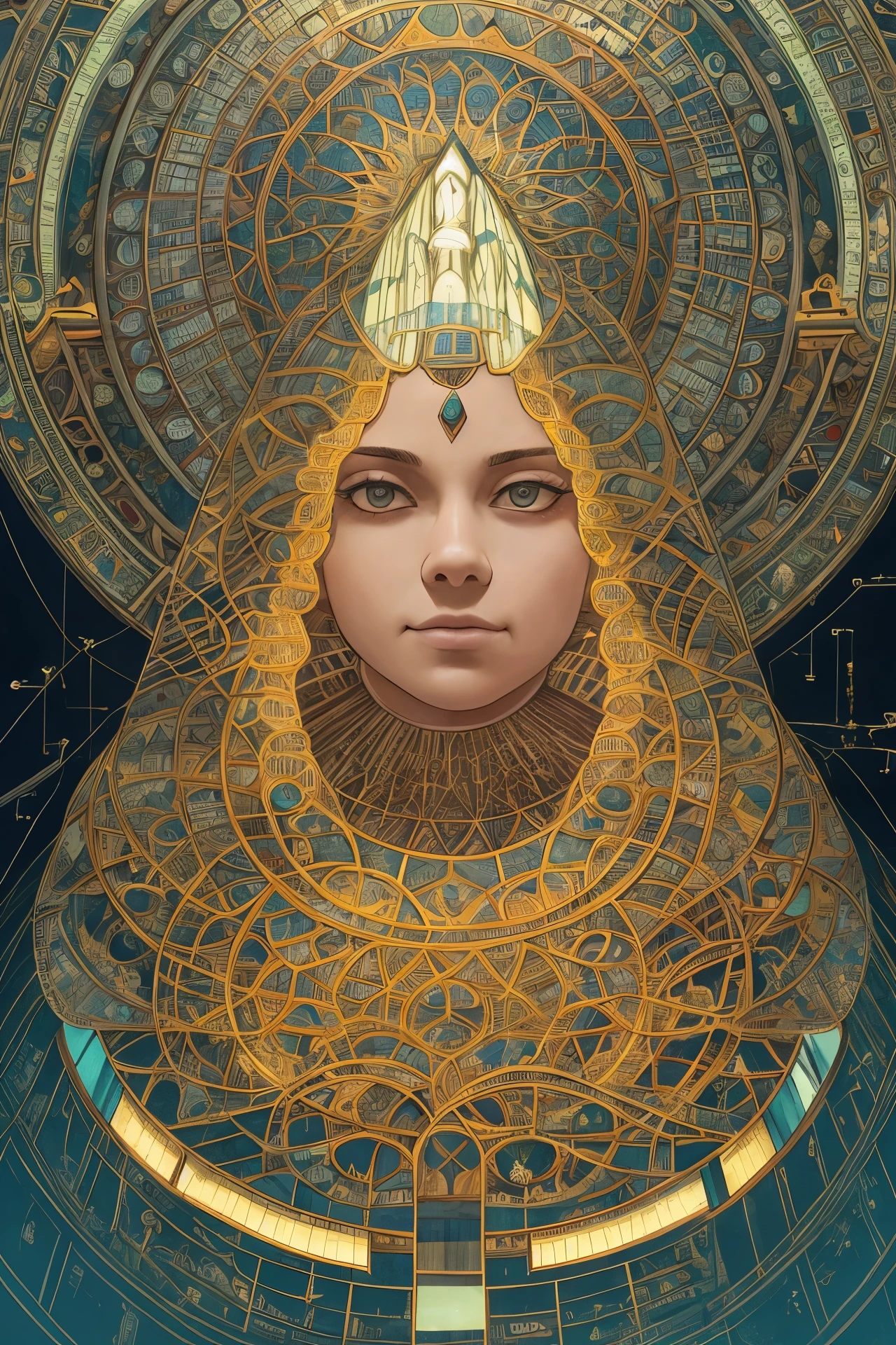 a nun with eyes that shoot out storms in non-Euclidean geometry, in front of her is a of electronic circuitry, the landscape is connected to towns by tubes, made up of conduits like electronic circuits, visual art, brilliant colors --auto --s2