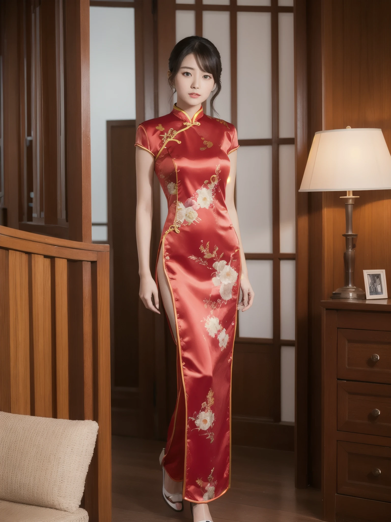 Full body photo，Elegant young Chinese woman wearing cheongsam standing facing the camera