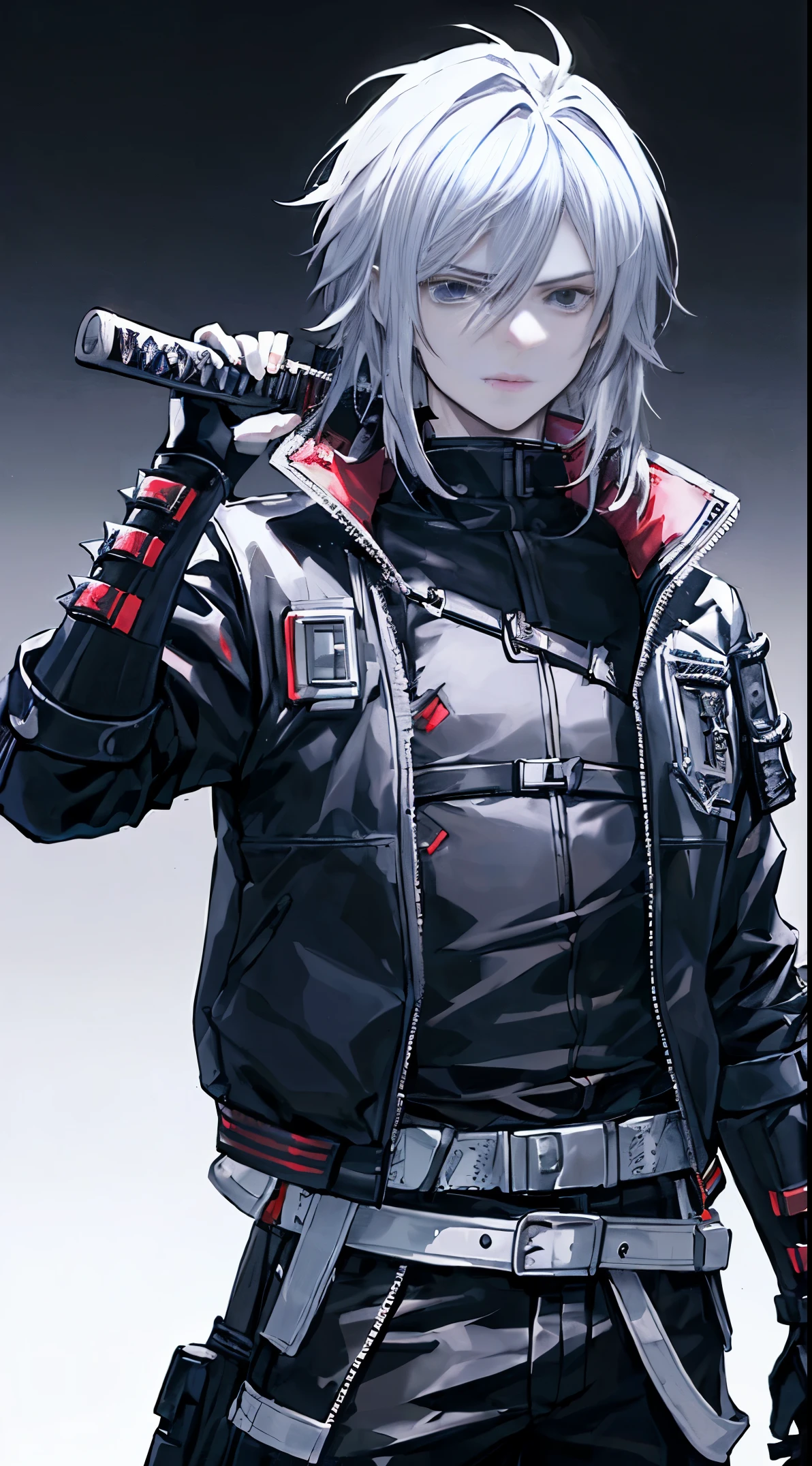 (ultra-detailed, realistic, best quality:1.2), 1boy with long spiky hair wearing samurai hand armor, jacket, and bomber in a modern cybercrime setting. The boy holds a katana in his hand and stands against a void background. The scene is set in a futuristic sci-fi environment with edgy colors and dramatic lighting.