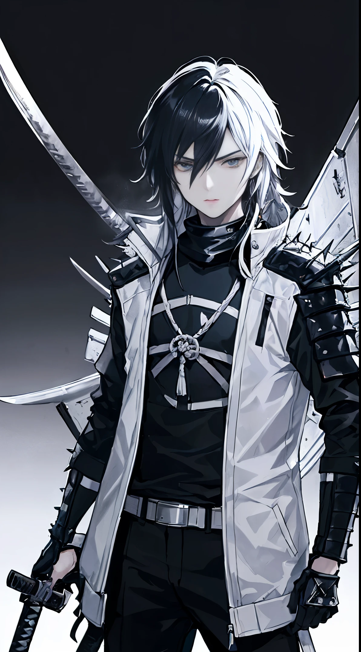 (ultra-detailed, realistic, best quality:1.2), 1boy with long spiky hair wearing samurai hand armor, jacket, and bomber in a modern cybercrime setting. The boy holds a katana in his hand and stands against a void background. The scene is set in a futuristic sci-fi environment with edgy colors and dramatic lighting.