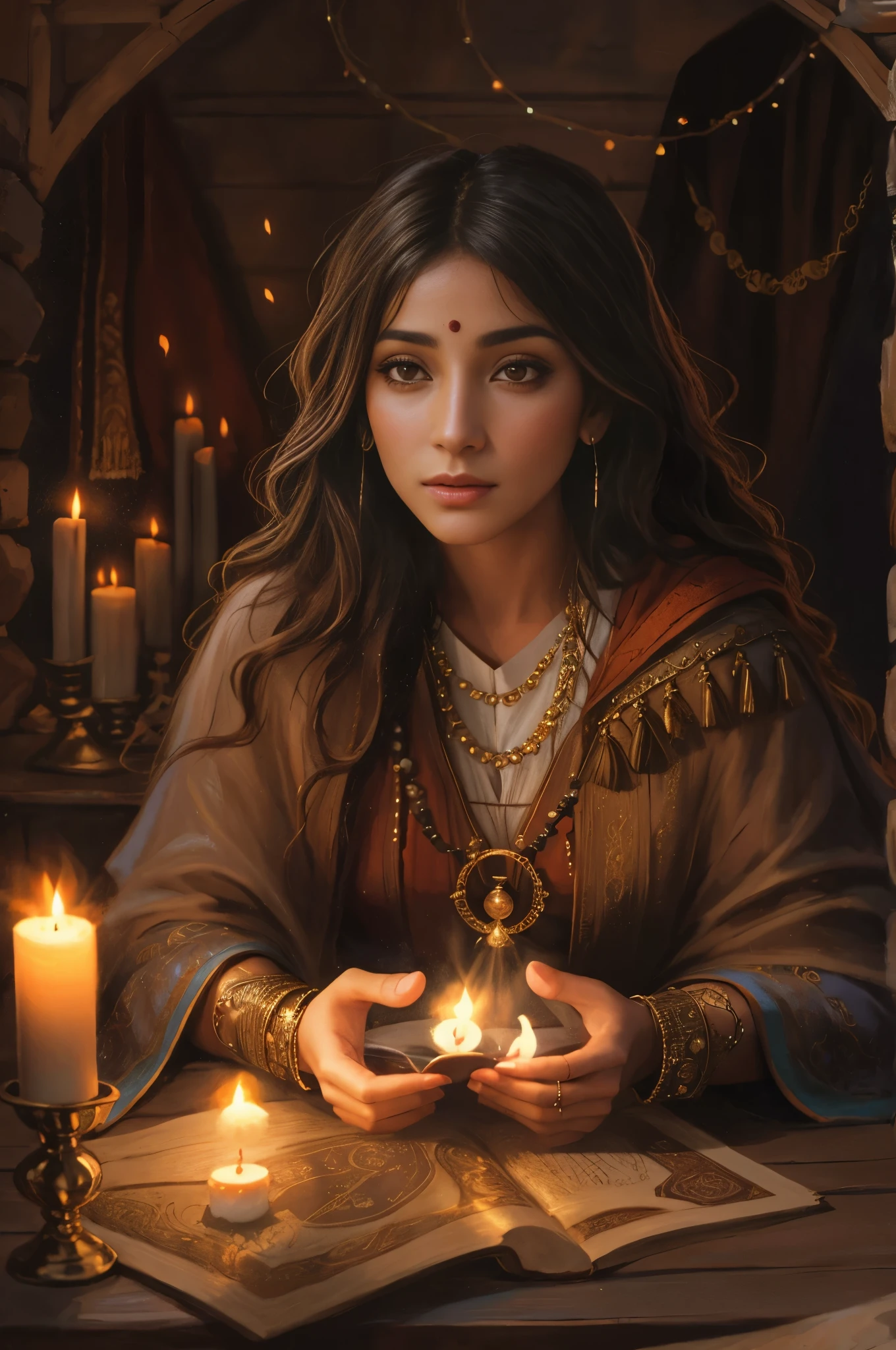 A brown gypsy woman in a gypsy robe、Holding a candle in your hand、Have a deck of cards, graphic artist magali villeneuve, Portrait of a female magician, elfic priestess, Magali Villeneuve », holy fire spell art, Portrait of a priestess, Portrait of a female magician, inspired by Magali Villeneuve, holy flame spell, Maya Ali Sorceress