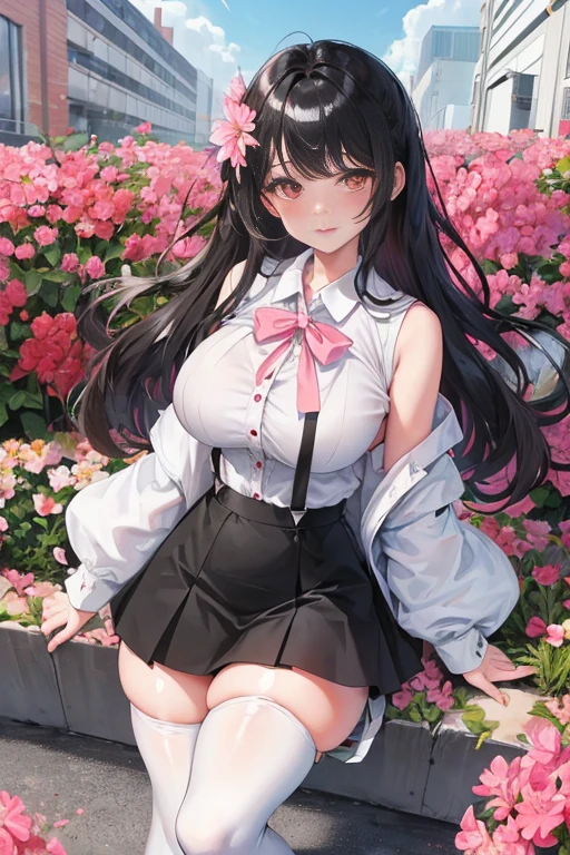 1 rapariga, 独奏, White polo shirt, White sneakers,
, white mini-skirt, (shiny skins, perspired:1.4), looking at viewert, with short black hair, A high resolution,(Bigchest:1.6),(Thigh thick:1.0),luring,sky sky,ultra - detailed,tmasterpiece,Best quality at best,blush blush,Yazawa Nico,red eyes, face flushed,Blunt hair,On the ground, chubbiness,ssmile,both hands on hip,Frontal viereet,Flower headdreslack suspender tights