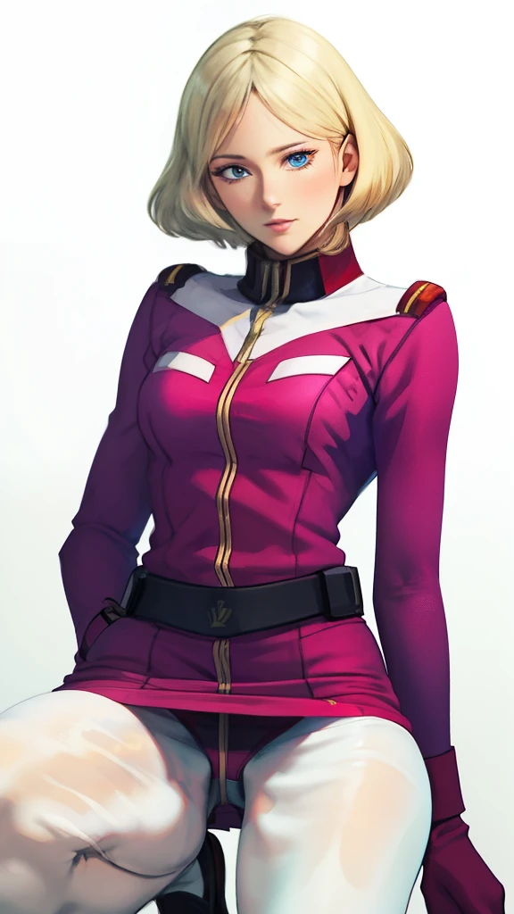 1girl in, sayla mass, Elegant, masutepiece, Convoluted, Army pink uniform dress with a super miniskirt so short you can almost see your pants..、Please squat down and show me your white panties..、super miniskirt white panties、 You can see the pants in a miniskirt、White panty、Realistic, Best Quality, absurderes, high face detail, Perfect eyes, 18 years old, Cowboy Shot, realization、, Vibrant colors, Pink Uniform, Skirt