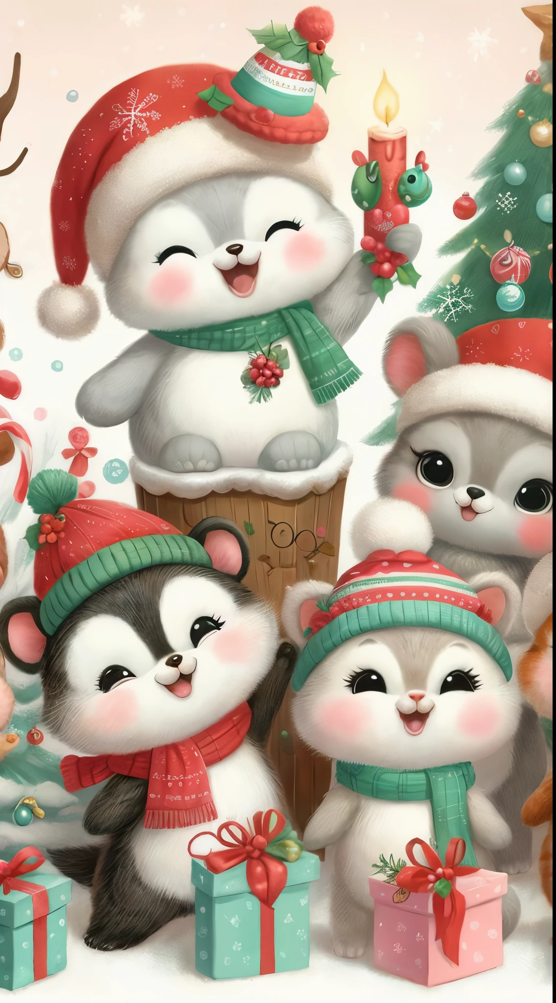 there are many cats that are wearing hats and scarves, cute detailed artwork, cute artwork, cute detailed digital art, cute digital art, cute illustration, so cute, cute characters, adorable, adorable design, cute adorable, adorable digital painting, adorably cute, cuteness, cute cartoon, cutie, cute creatures, cute faces, cutecore, cute, 3 woodland critters