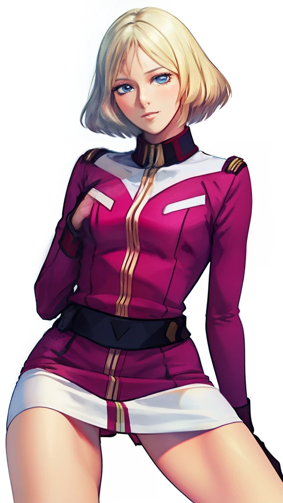 1girl in, sayla mass, Elegant, masutepiece, Convoluted, Army pink uniform dress with a super miniskirt so short you can almost see your pants..、Please squat down and show me your white panties..、super miniskirt white panties、 You can see the pants in a miniskirt、White panty、Realistic, Best Quality, absurderes, high face detail, Perfect eyes, 18 years old, Cowboy Shot, realization、, Vibrant colors, Pink Uniform, Skirt