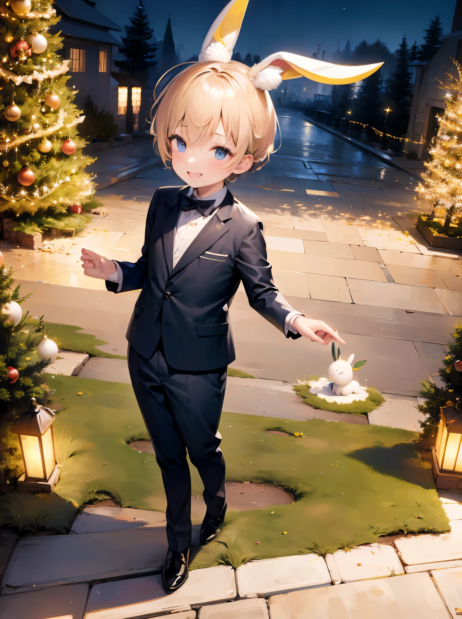 ,Longhaire， Background with（In the street）flashy illumination，Huge Christmas tree with flashy lights， Bunny suit，It's cool, ​masterpiece, from side, a smile,