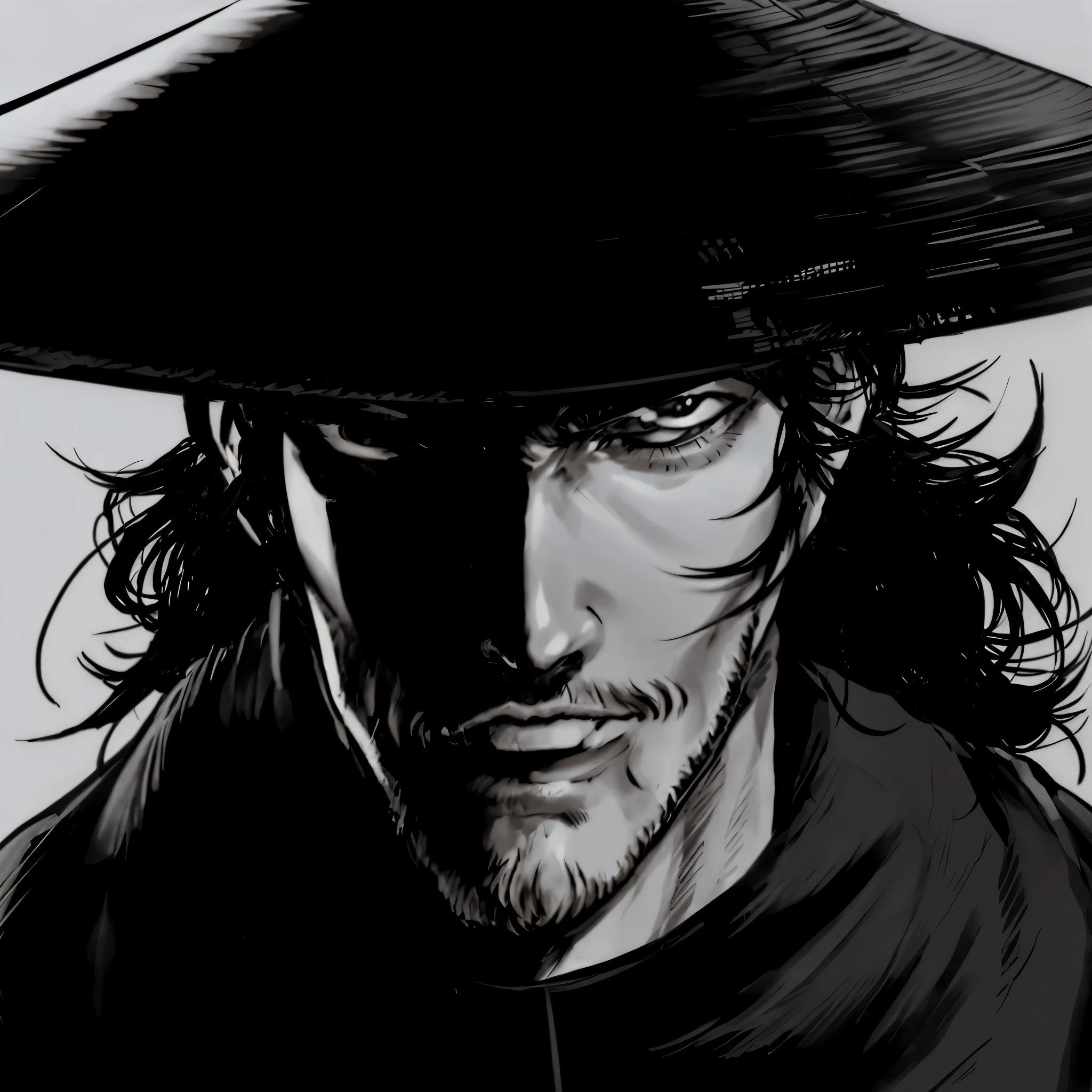 Drawing of man wearing hat, ninja scroll anime style, Takehiko Inoue, Inspired by Yoshihiko Wada, He is very threatening and sexual, raiden metal gear, inspired by Kawabata Ryūshi, kentaro miura manga art style, Inspired by Kanebo, Cartoon portrait,Complete bamboo hat,Add a knife to the hat,