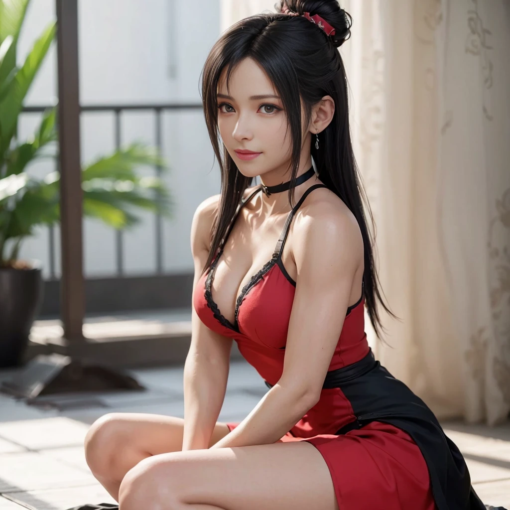 (best quality,ultra-detalhado),(Realistic:1.37),Tifa Lockhart, Rosto bonito e detalhado, maquiagem preta nos olhos, textura ultra realista, rosto delicado, corpo delicado, smiling expression