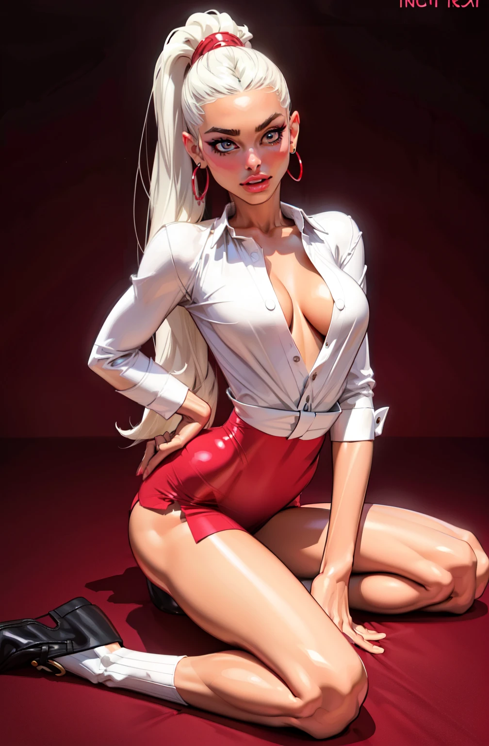((medium shot)), Beautiful girl, long hair, jewelry, pretty cute face, flawless face, jewelry earrings, details eyes, flat chest, super flat chest, beautiful eyes, meticulous makeup, thin eyebrows, beautiful red lips, large breasts, socks, thin red silk shirt, white lace shirt, long bangs and a long platinum ponytail, empty background, look directly at the audience, laying on the floor, hands behind her back, perfect hands