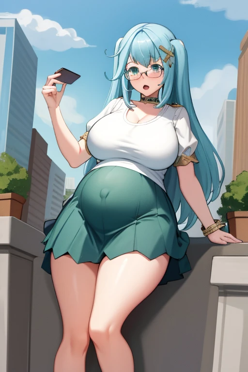 Masterpiece, Giant maiden，Moe two-dimensional style，Pregnancy status，Round belly, Huge breasts, Thick thighs, Thicc，Gaze at the bustling city, Lying down, Burp, Burping, Really loud Burp, Glasses, Embarrassed, Full body